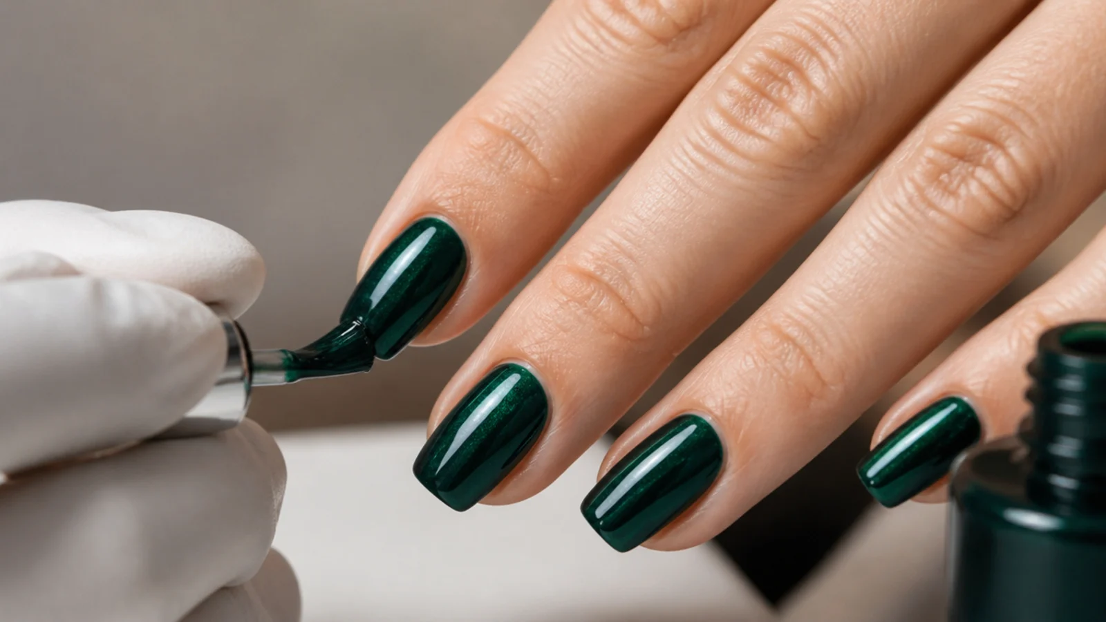Layering emerald gel over a dark base to build a deep green shade