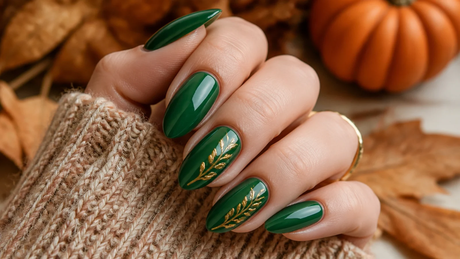 Glossy dark emerald green almond nails against a warm autumn background