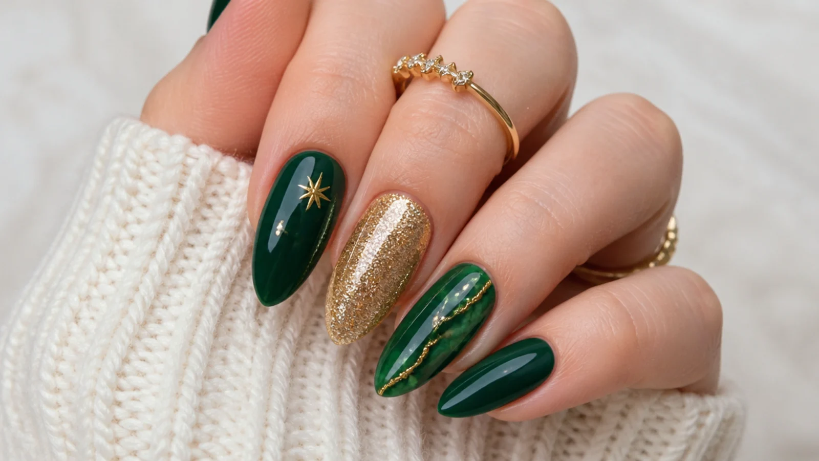 Dark green holiday nails with gold accents for Christmas and NYE