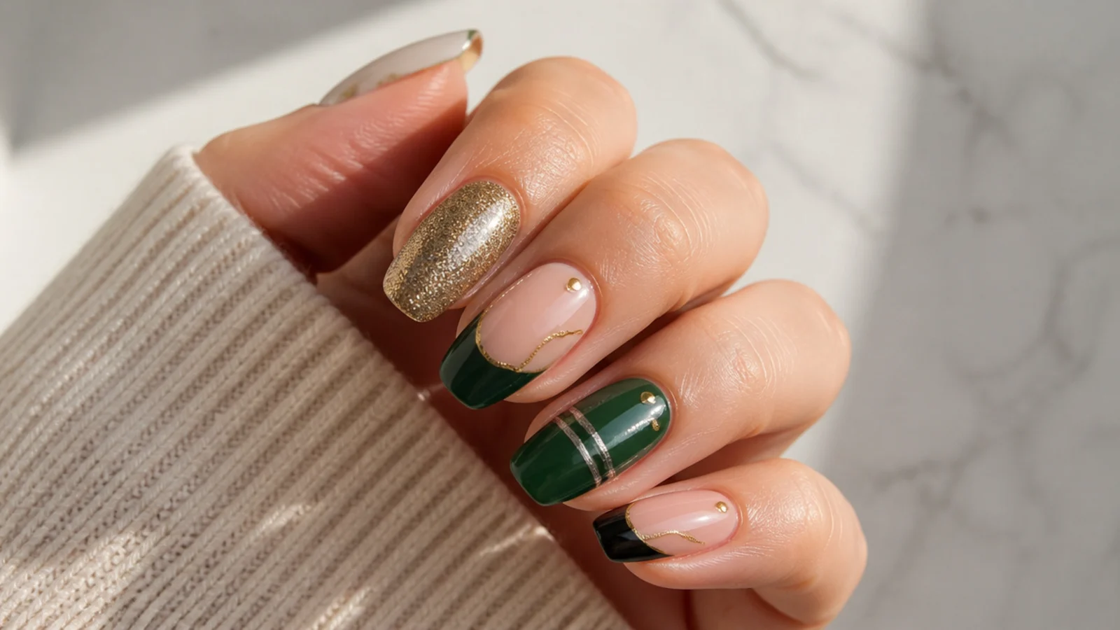 Dark green nails shown with gold, silver, black and nude accents