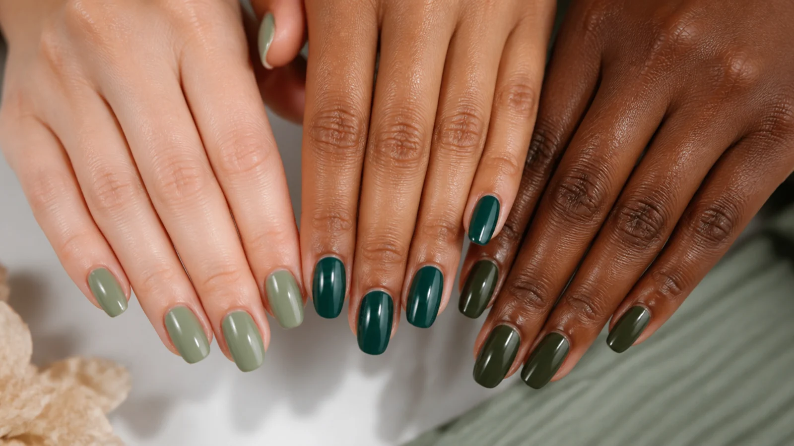 Emerald, forest and olive green swatches beside different skin tones