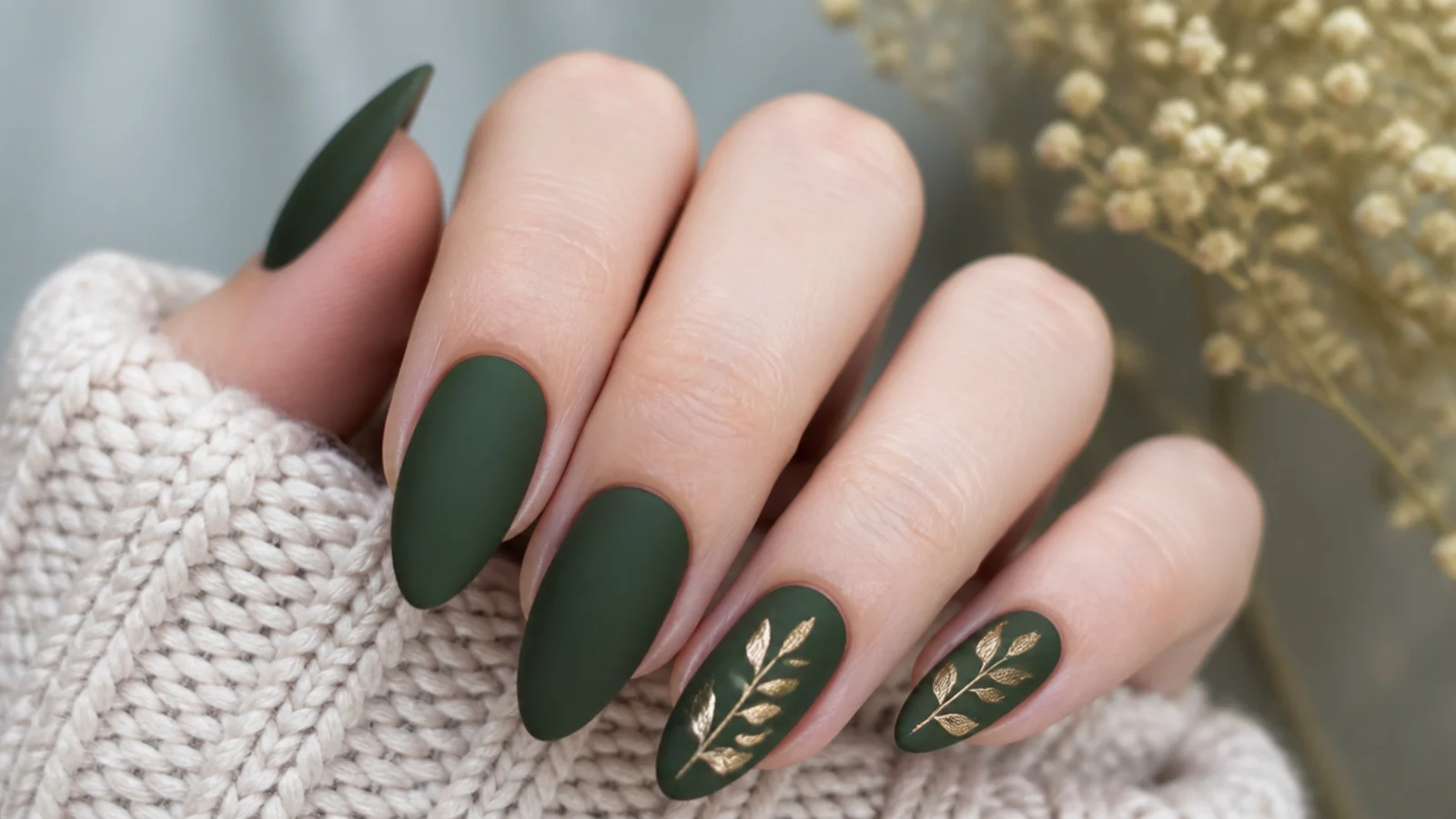 Matte muted forest green almond nails on fair cool-toned skin