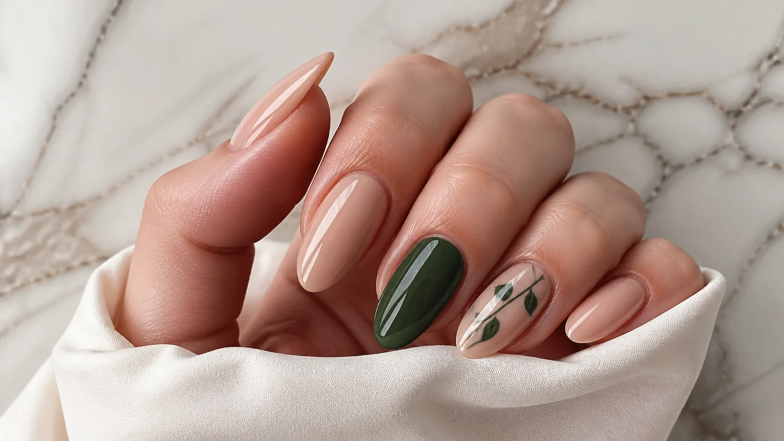 Nude almond nails with dark green accent nails