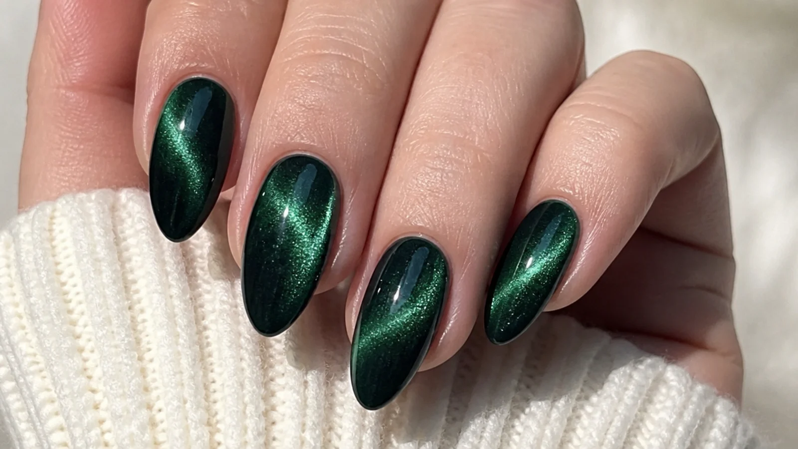 Velvet magnetic dark emerald green almond nails