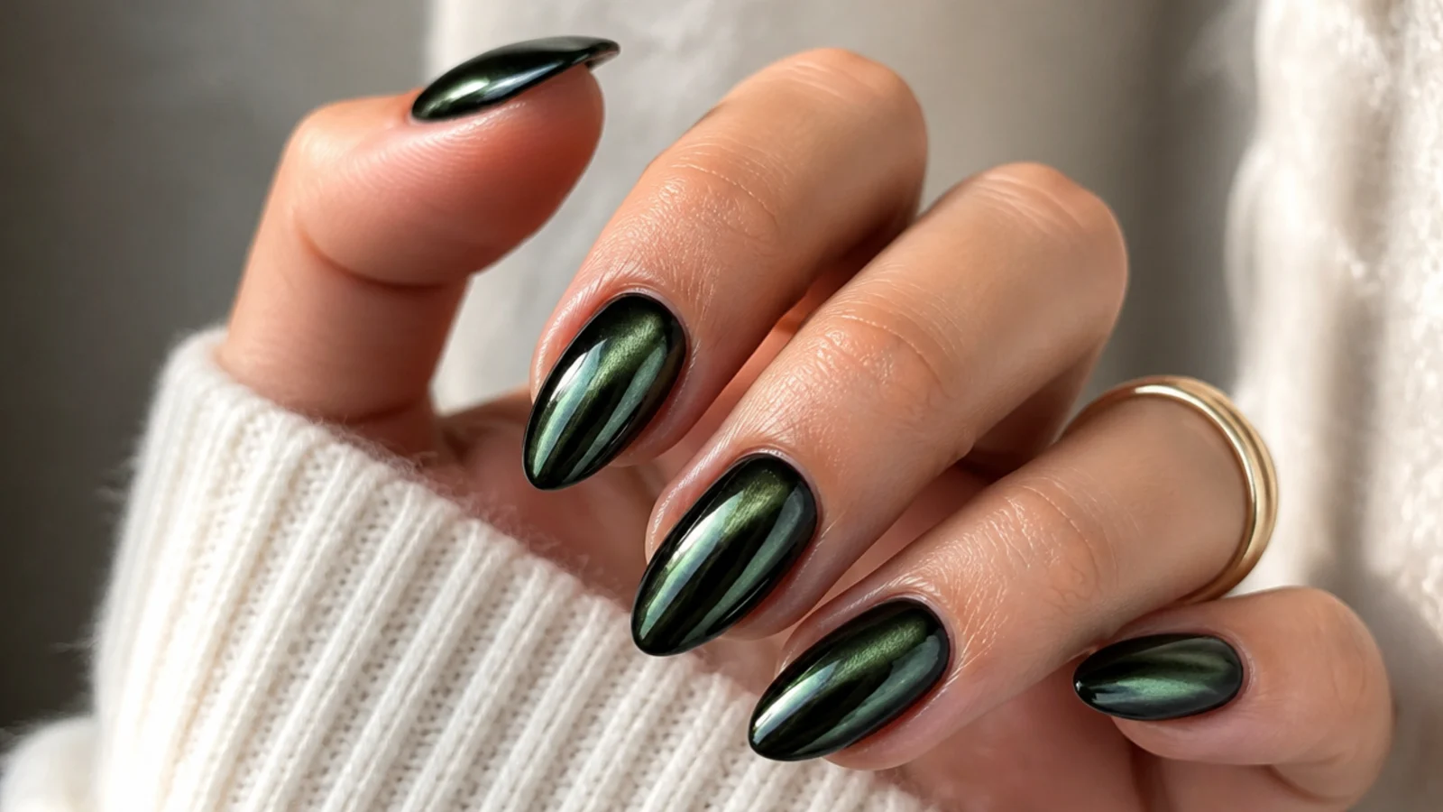 Mirror-finish dark green chrome almond nails