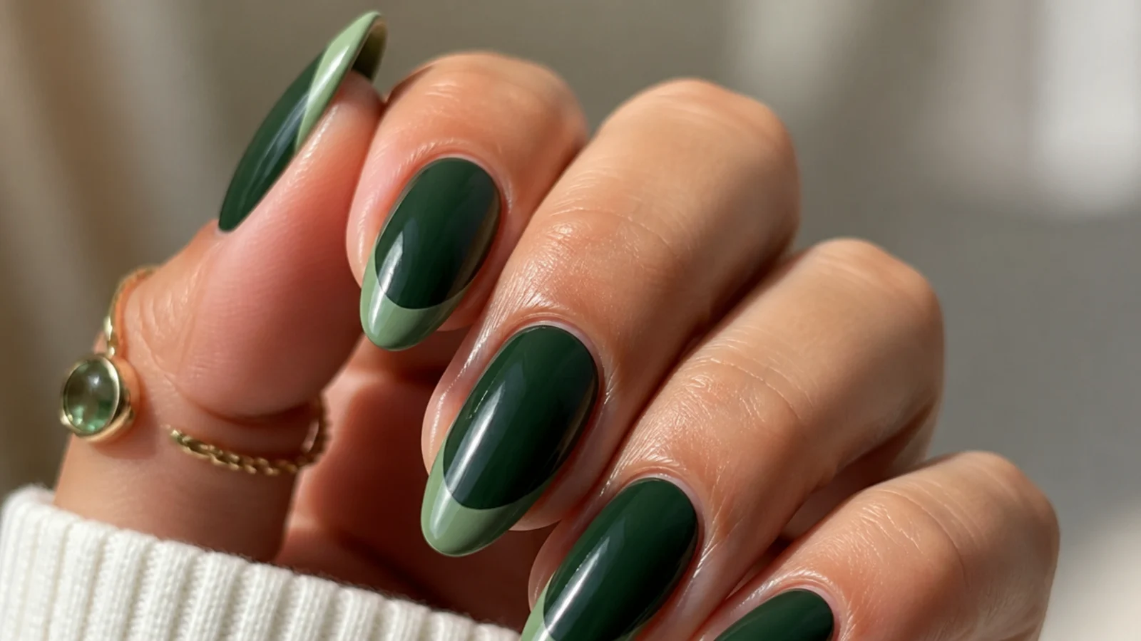 Dark green almond nails with soft sage green tips
