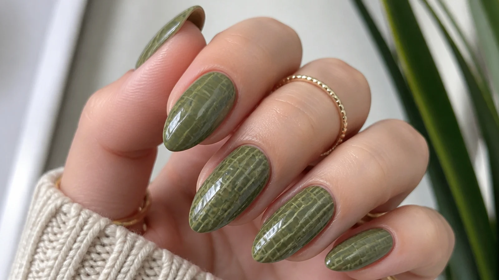 Warm olive green almond nails with a croc-print texture