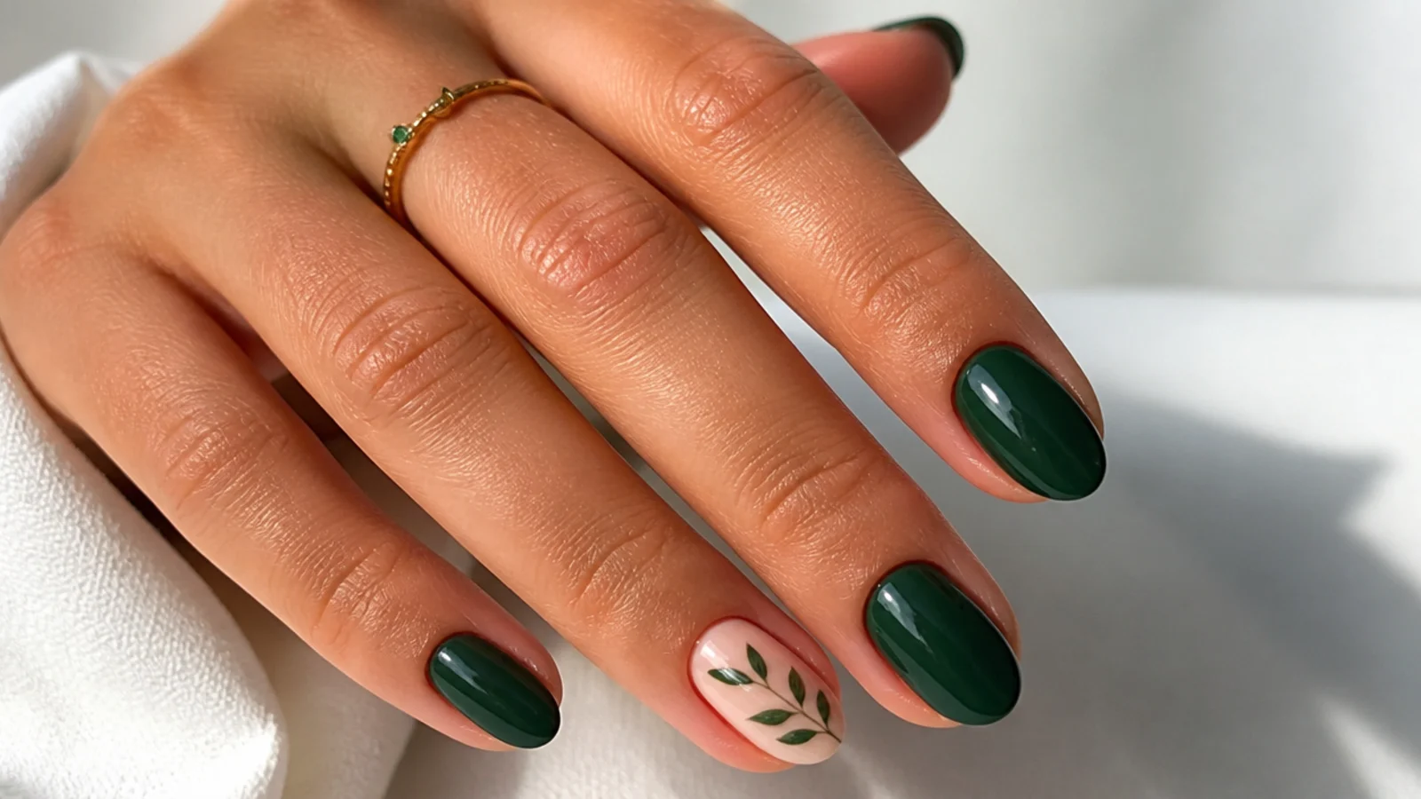 Short almond dark green nails on medium skin