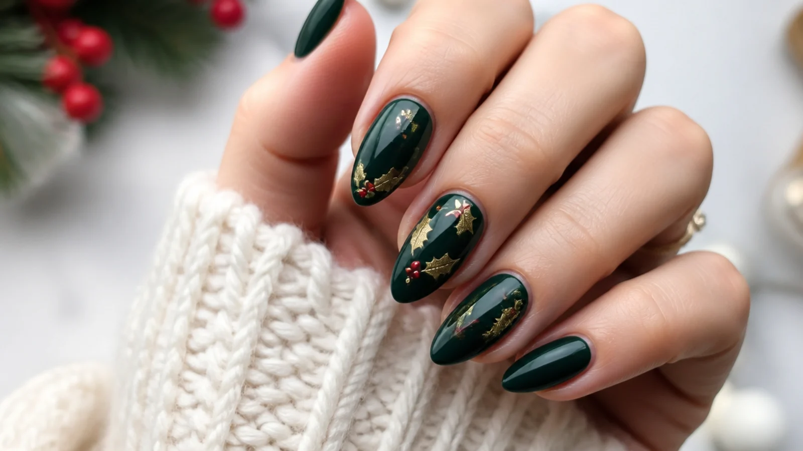Dark emerald almond nails with red berry and gold holly accents