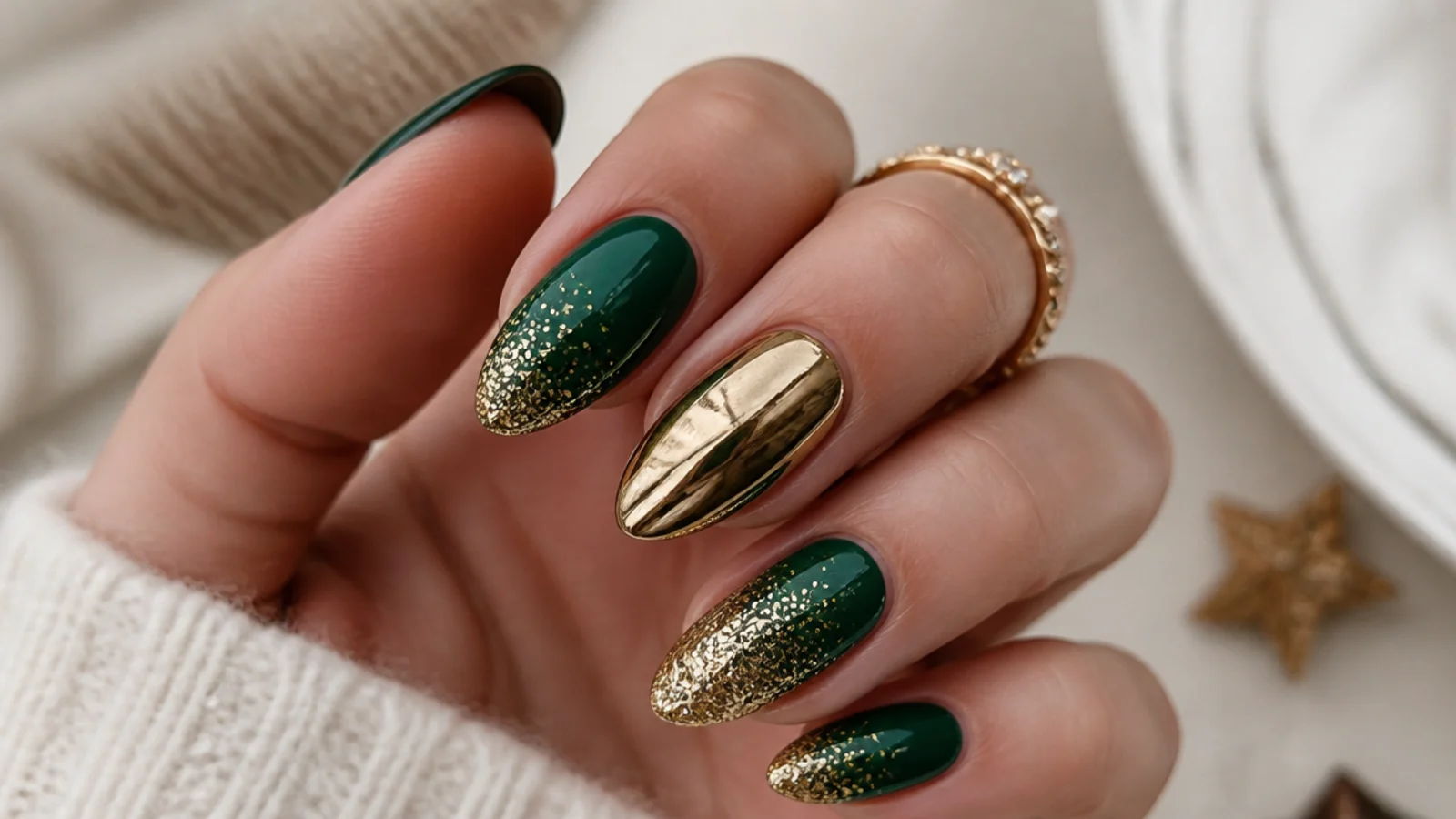 Dark emerald almond nails with heavy gold chrome and glitter for New Year