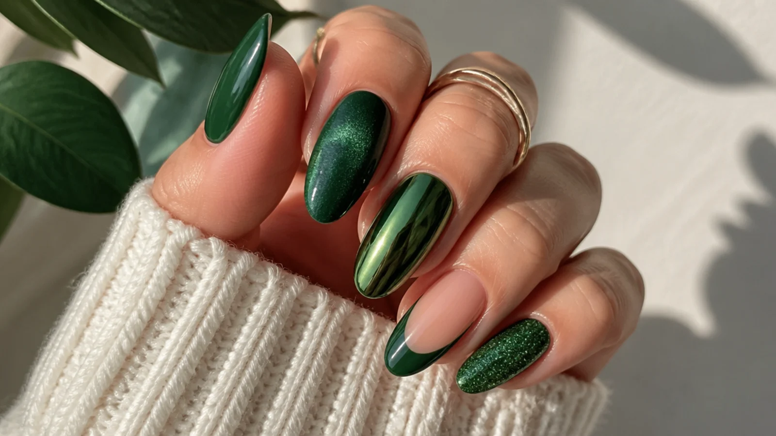 Glossy, matte velvet, chrome and french dark green almond nail finishes