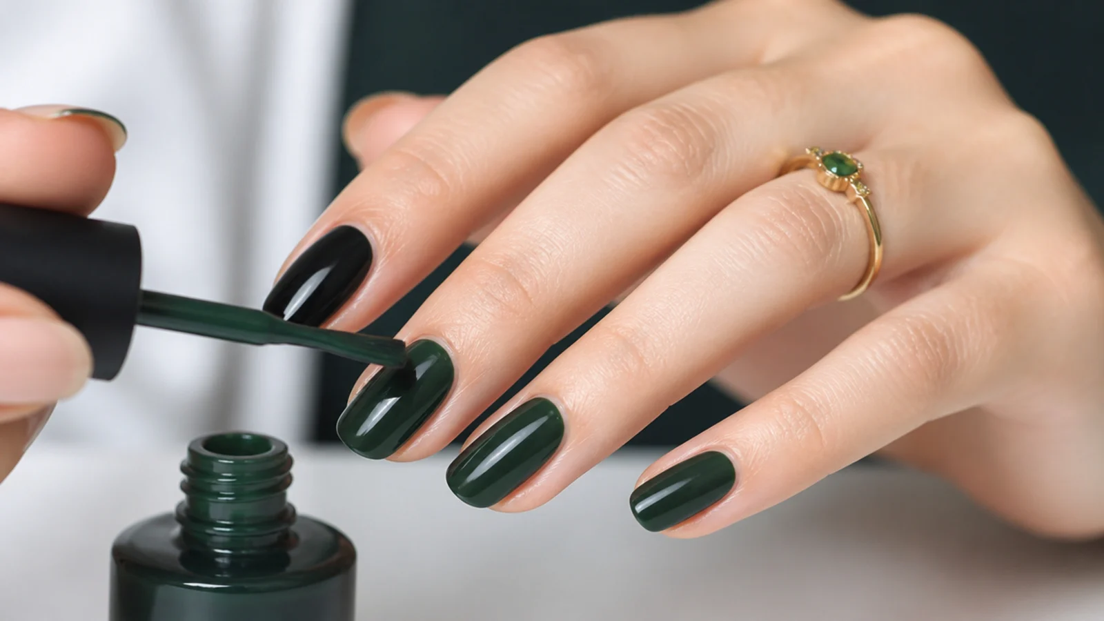 Layering emerald gel over a dark base to build a deep green shade