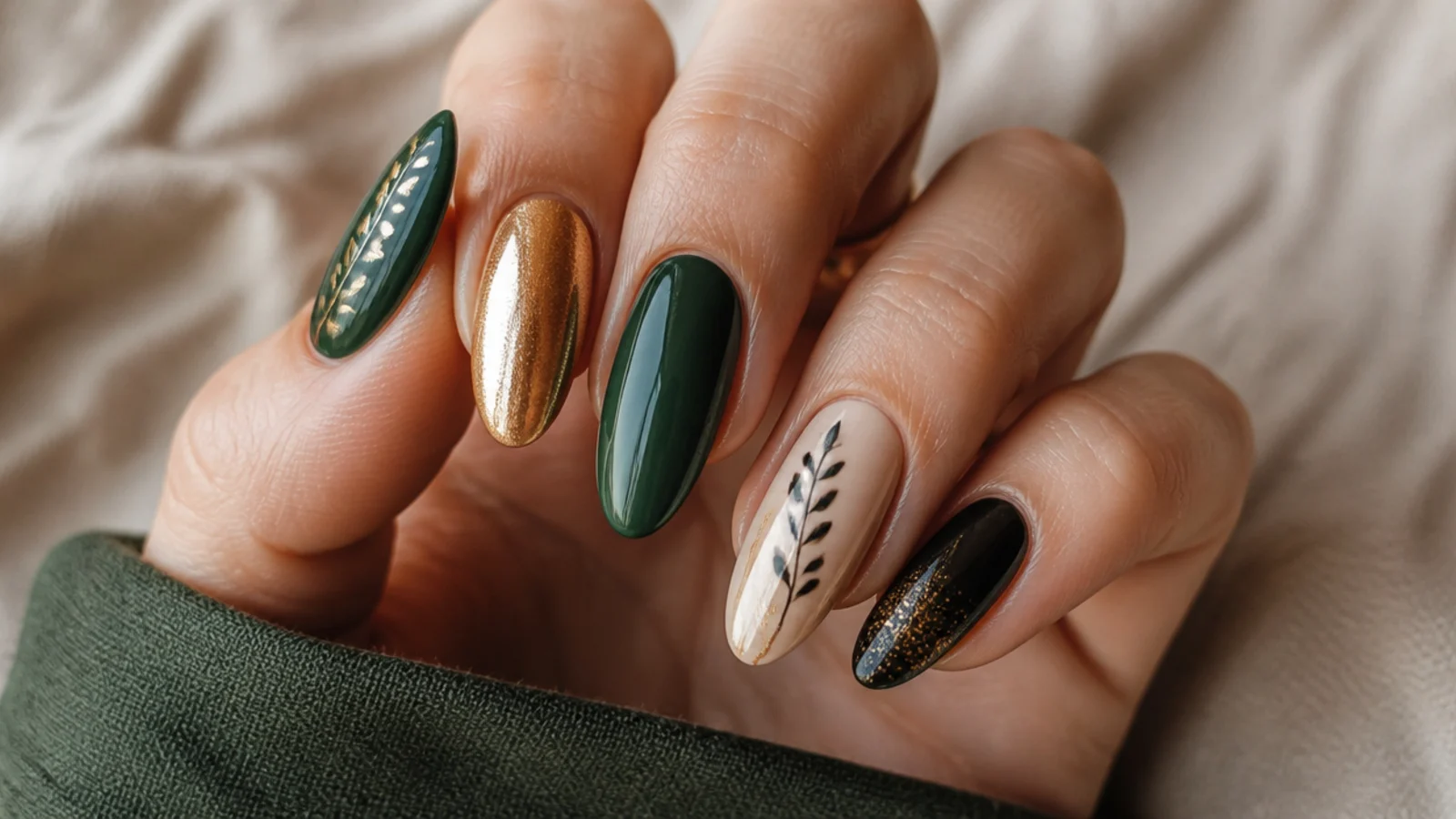 Dark green nails paired with gold, silver, black and nude swatches