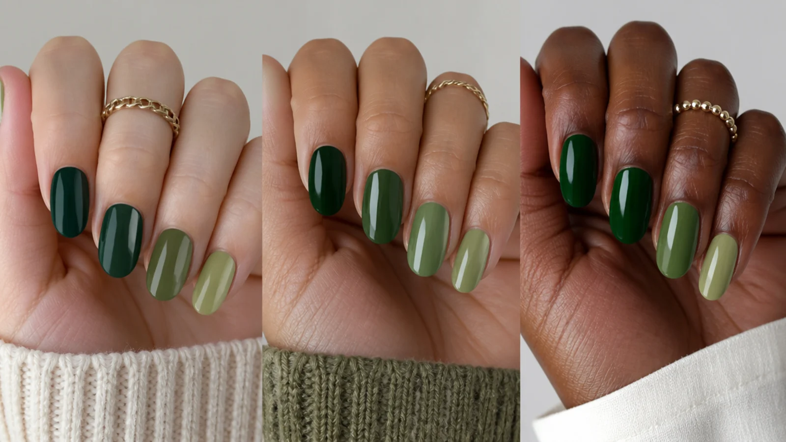 Emerald, forest and olive green swatches against different skin tones