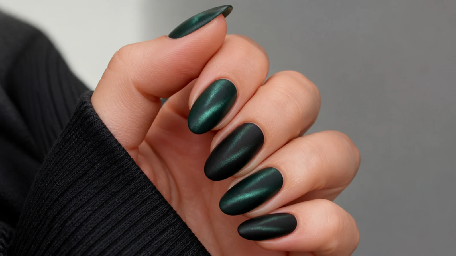 Soft matte velvet emerald and black nails with a cat-eye shimmer