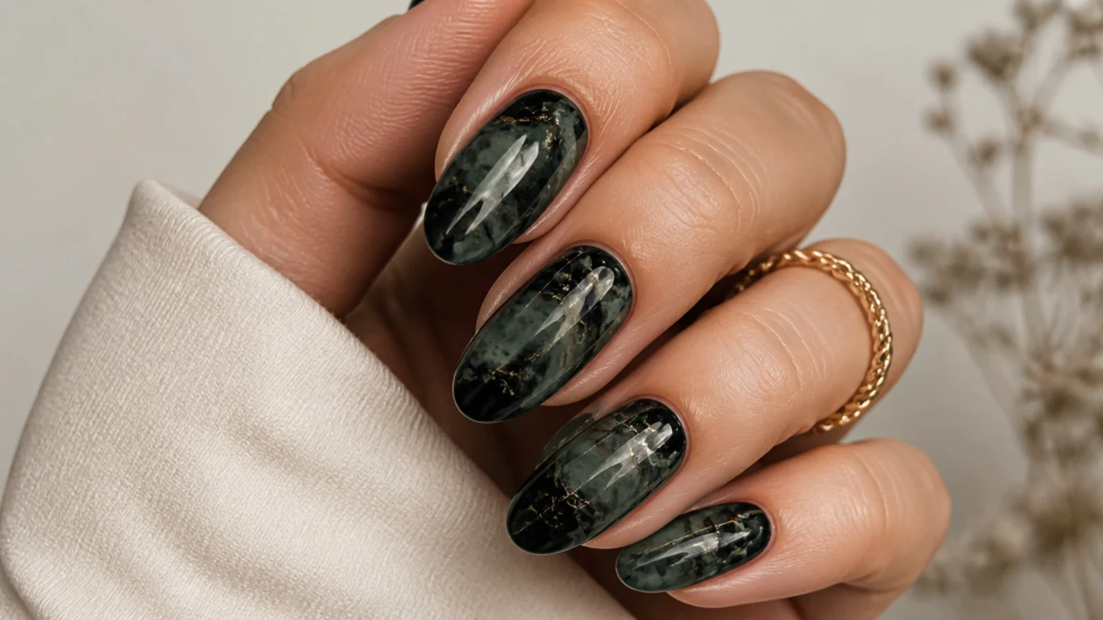 Deep green and black marble nails with smoky veining