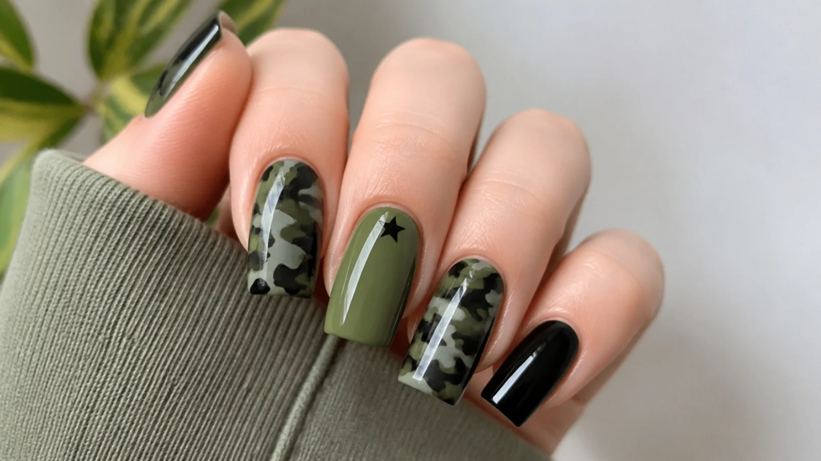 Olive green and black camo-pattern nails on a square shape