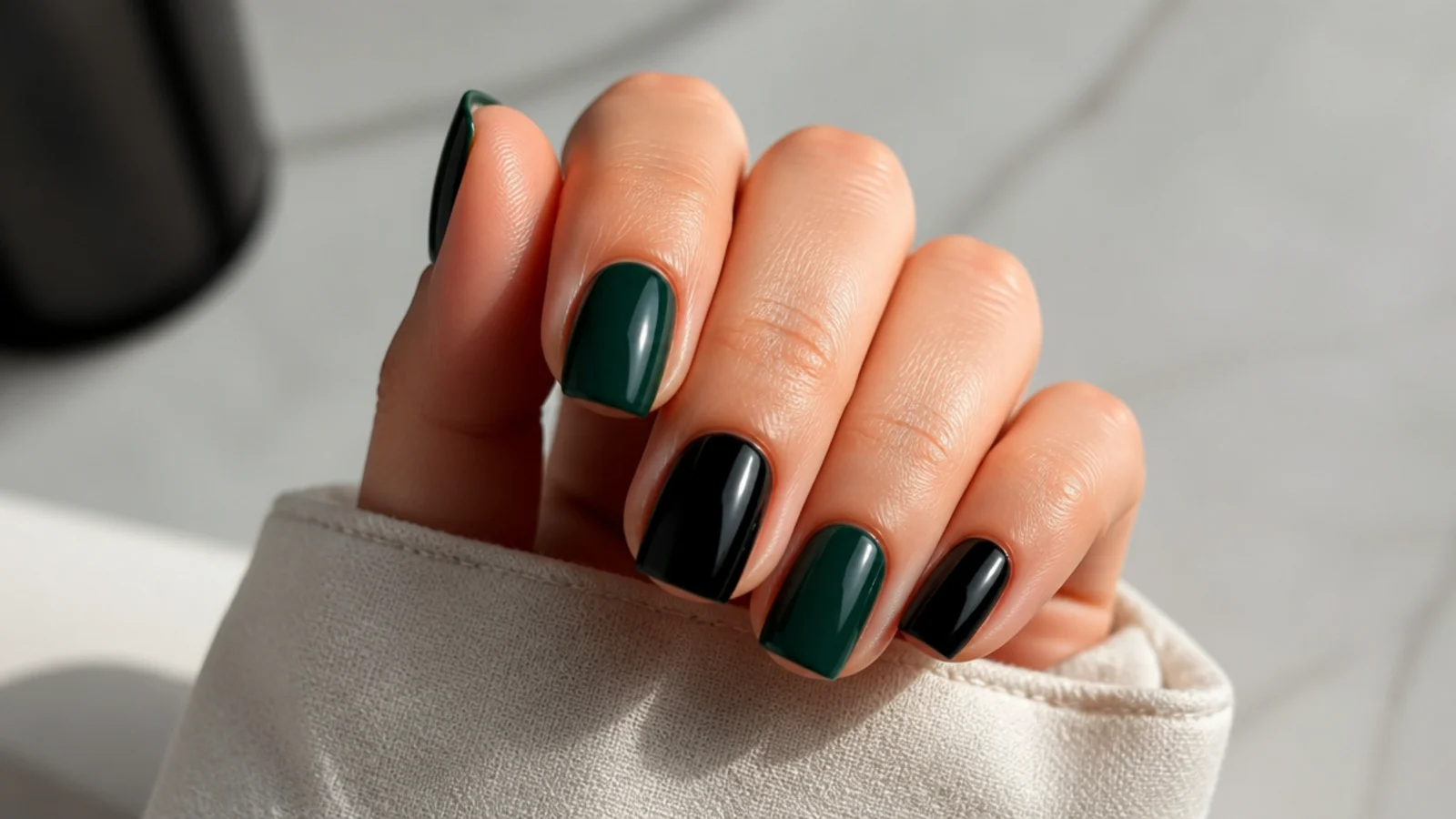 Short squoval nails alternating glossy emerald green and black