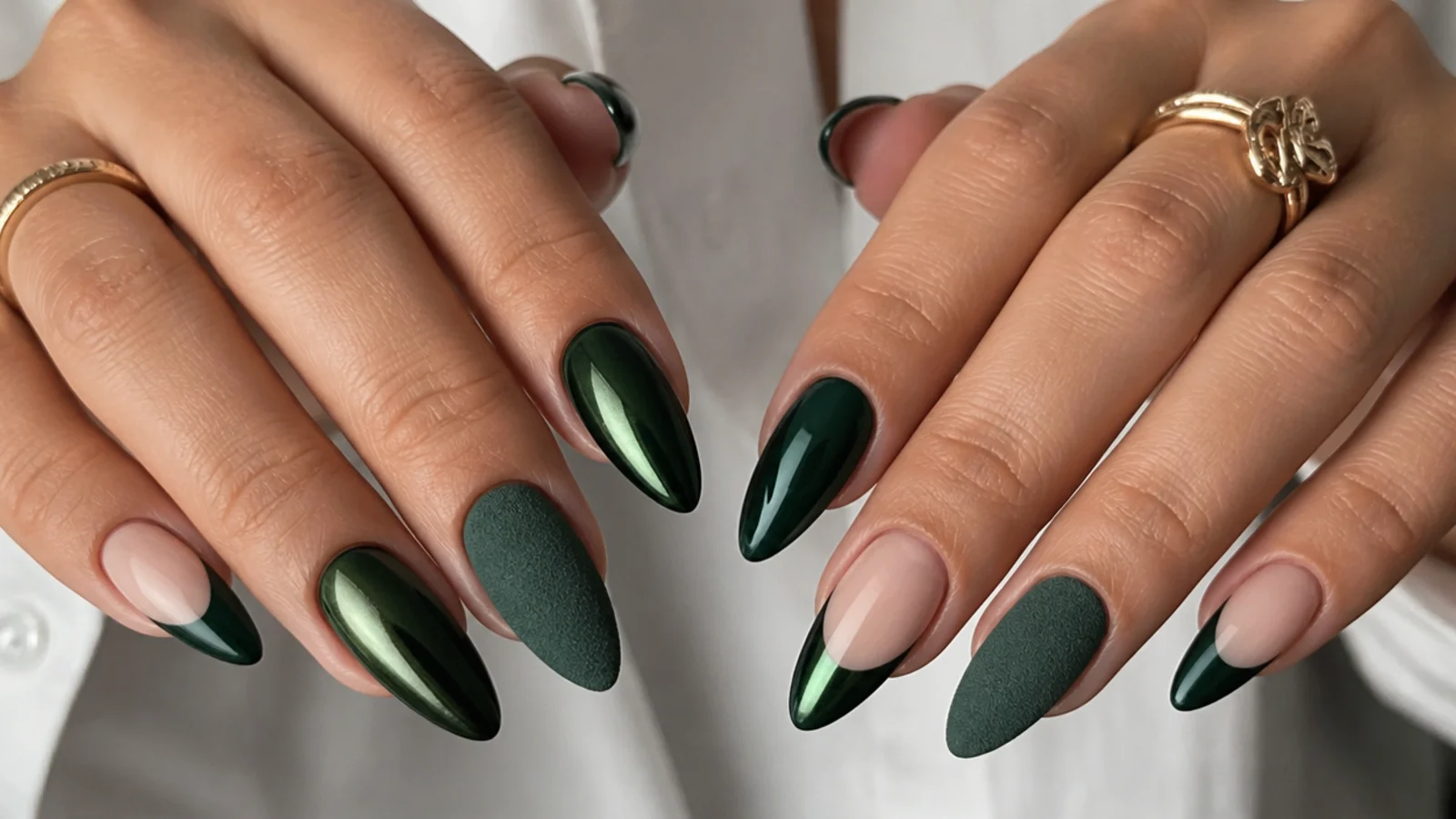 Glossy, matte velvet, chrome and french dark green and black nail finishes