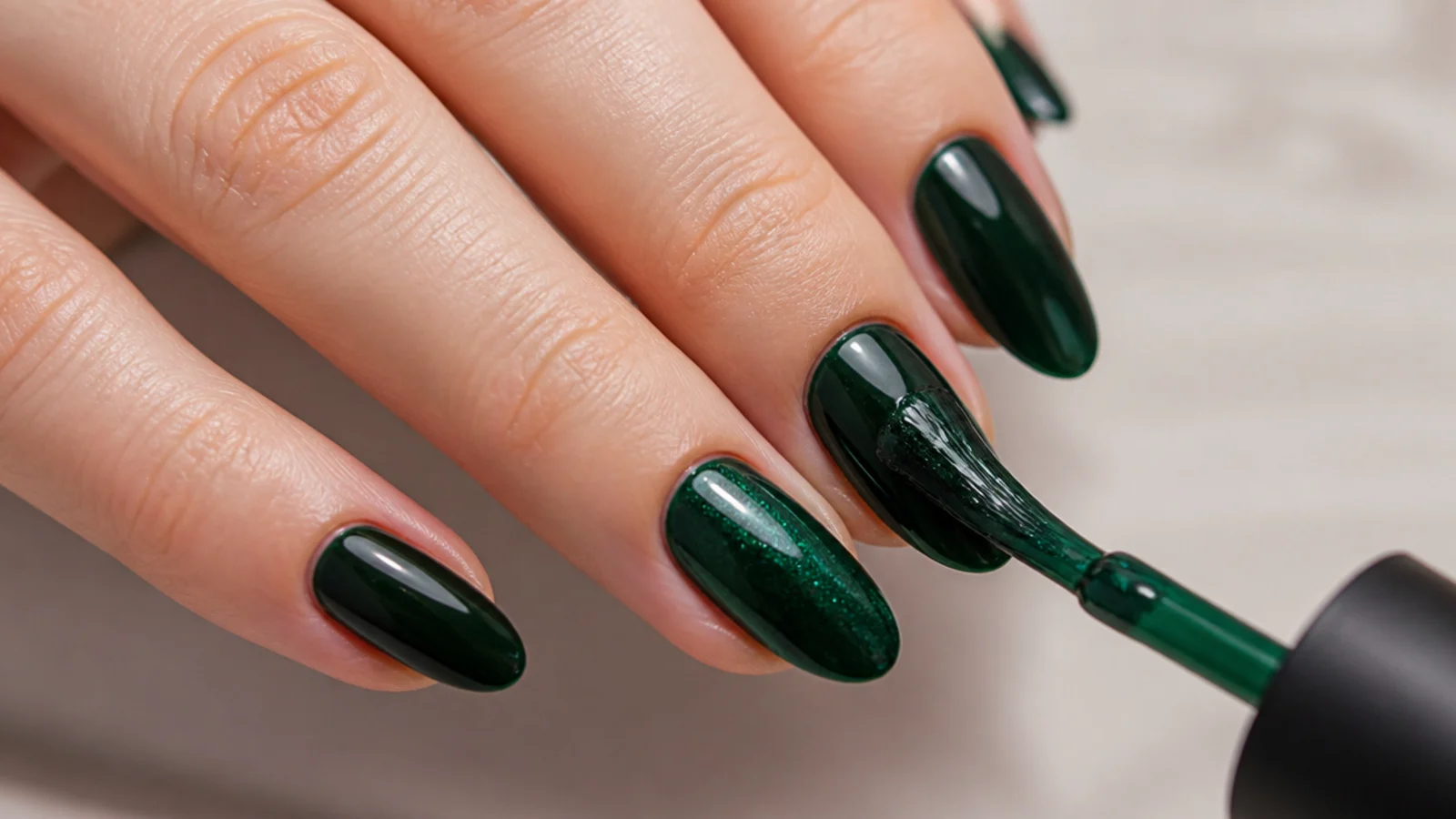Layering emerald gel over a dark base to build a deep green shade