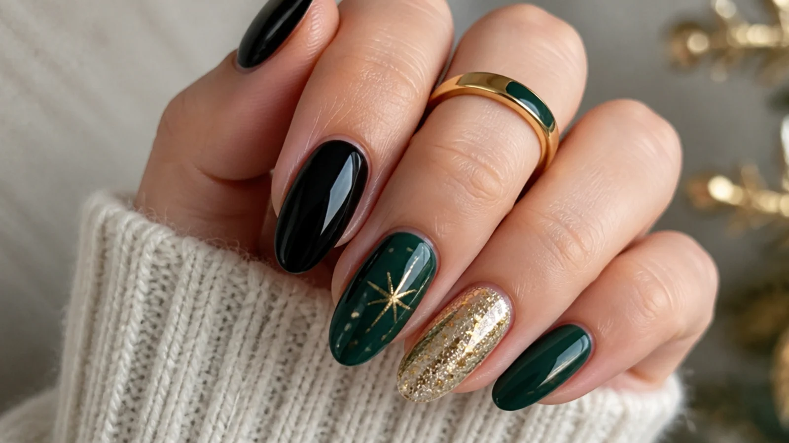 Dark green and black holiday nails with gold accents for winter events
