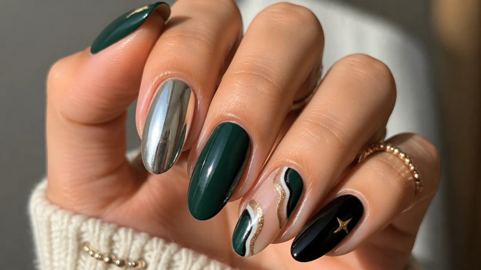 Dark green nails paired with black, gold, silver chrome and nude accents