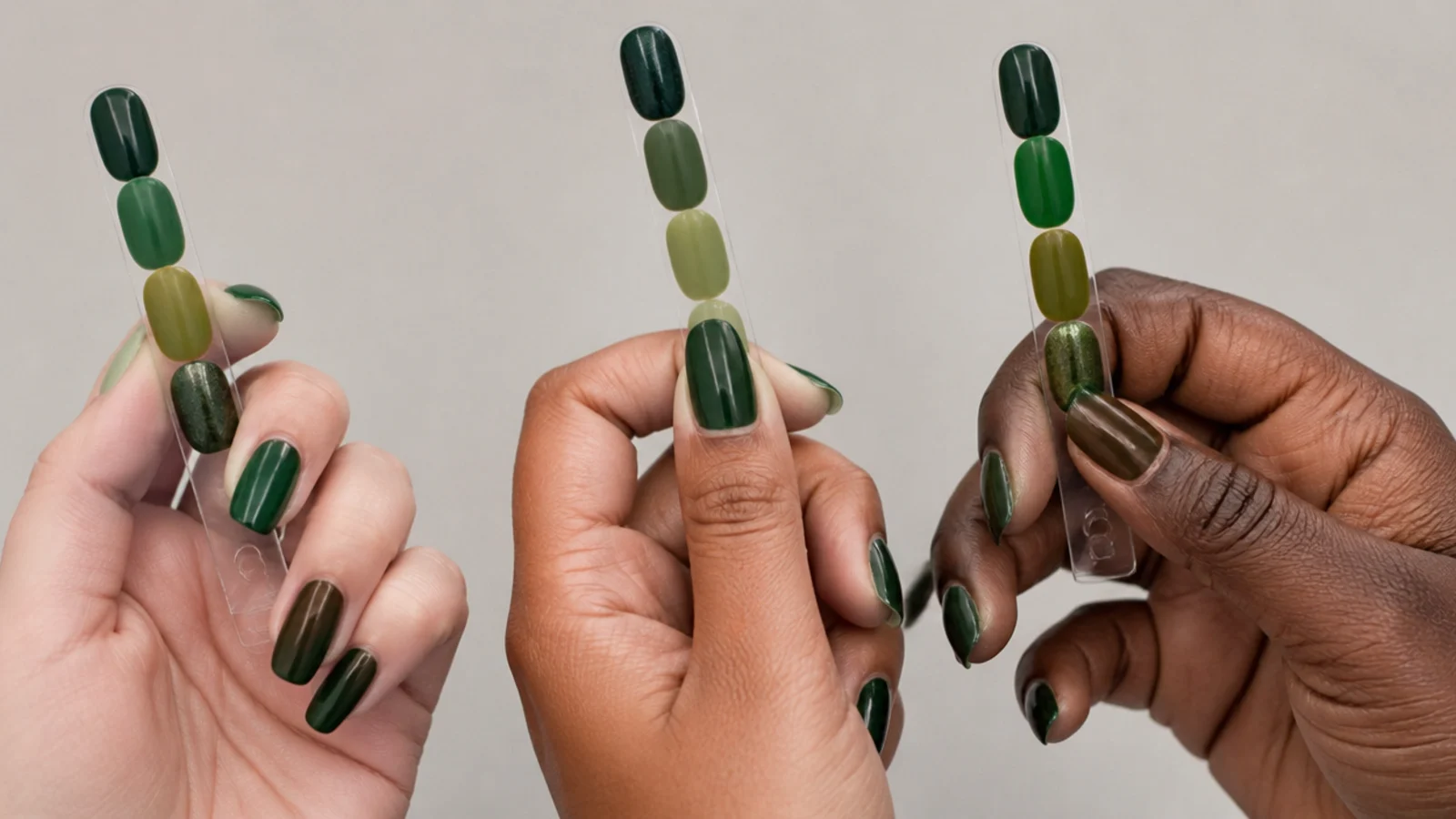 Emerald, forest and olive green nail swatches beside different skin tones