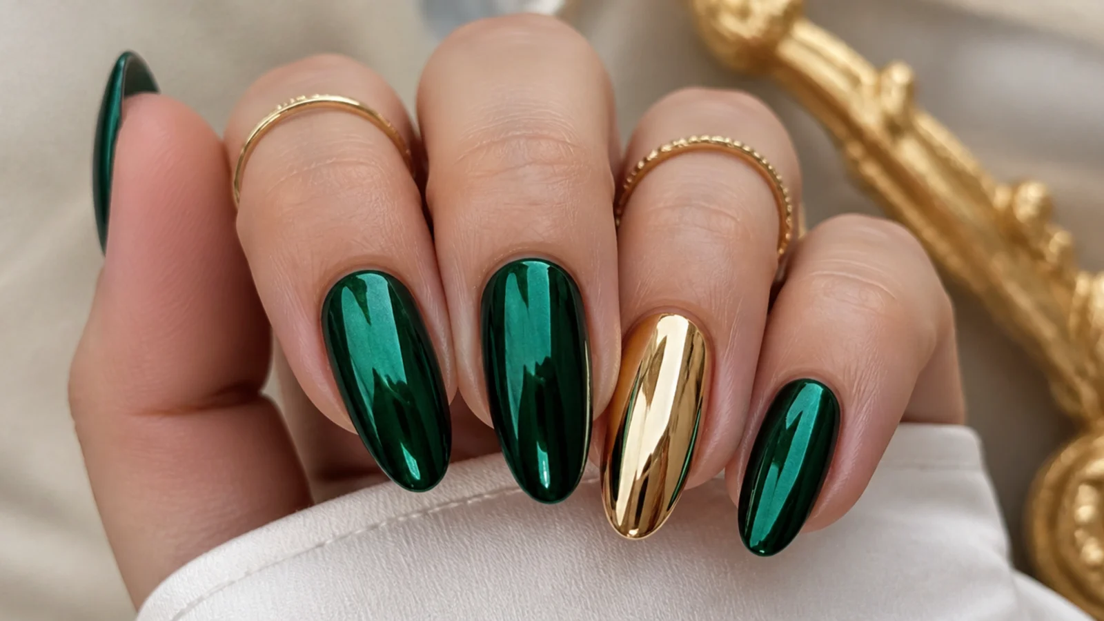 Mirror-finish emerald chrome nails with gold chrome accent nail