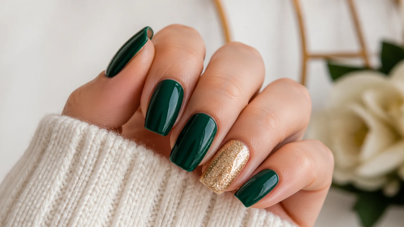 Glossy emerald nails with one full gold glitter accent nail