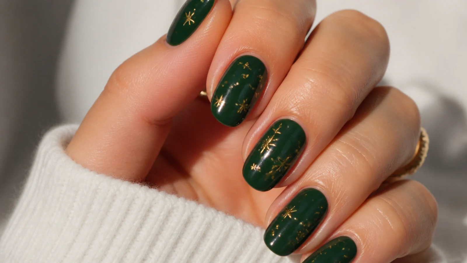 Deep emerald nails with tiny gold star and dot decals