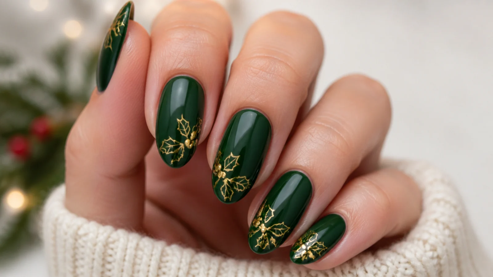 Forest green nails with gold holly leaf and berry accents
