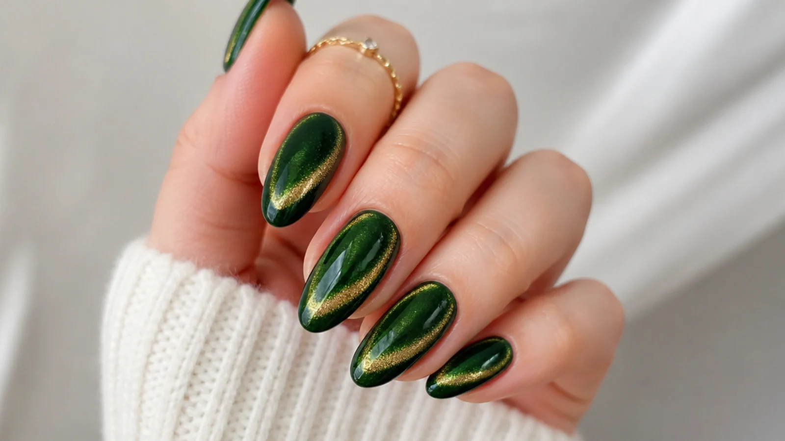 Deep green magnetic cat-eye nails with a shifting gold light strip