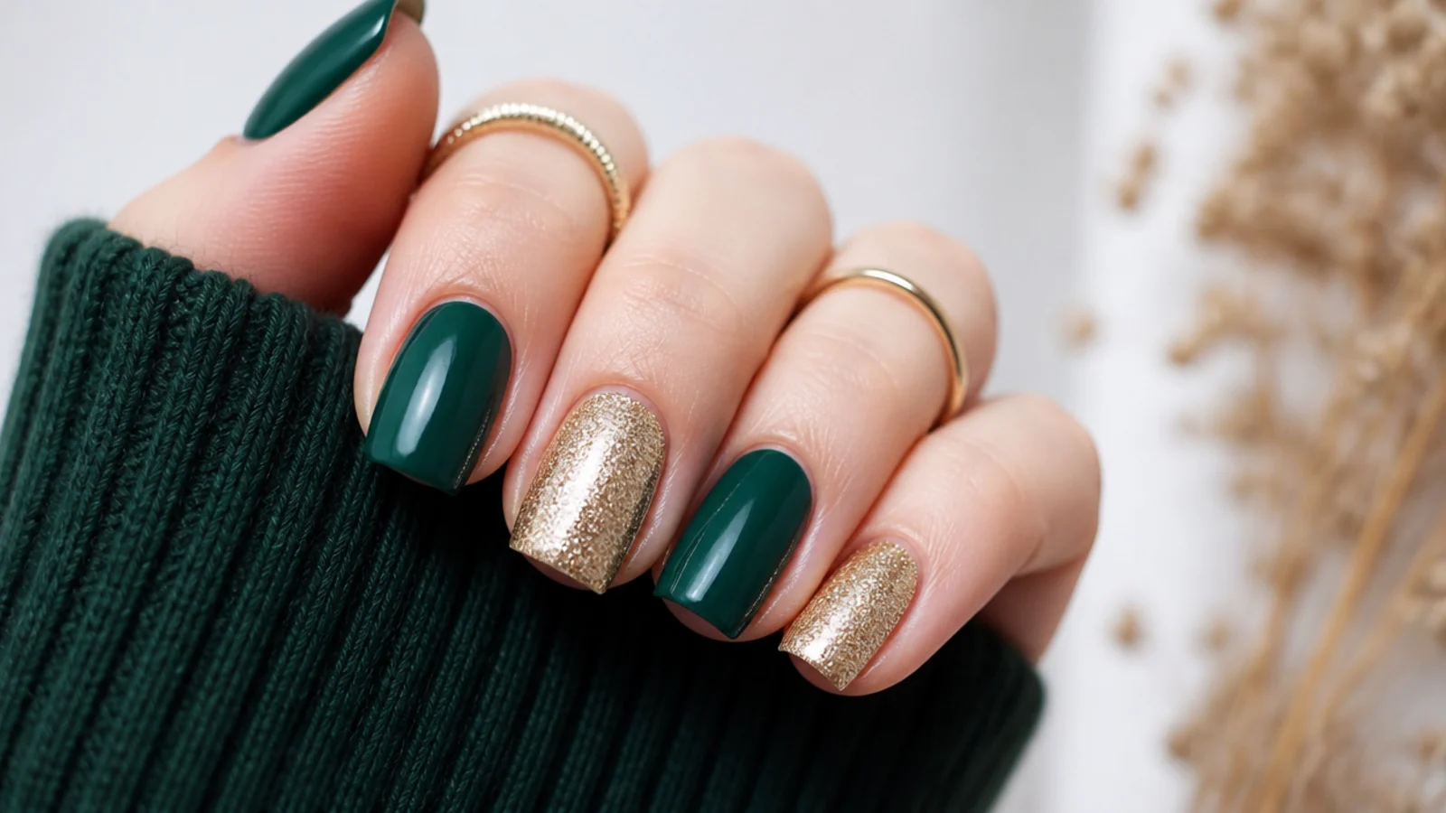 Deep green nails alternating with fully gold glitter nails