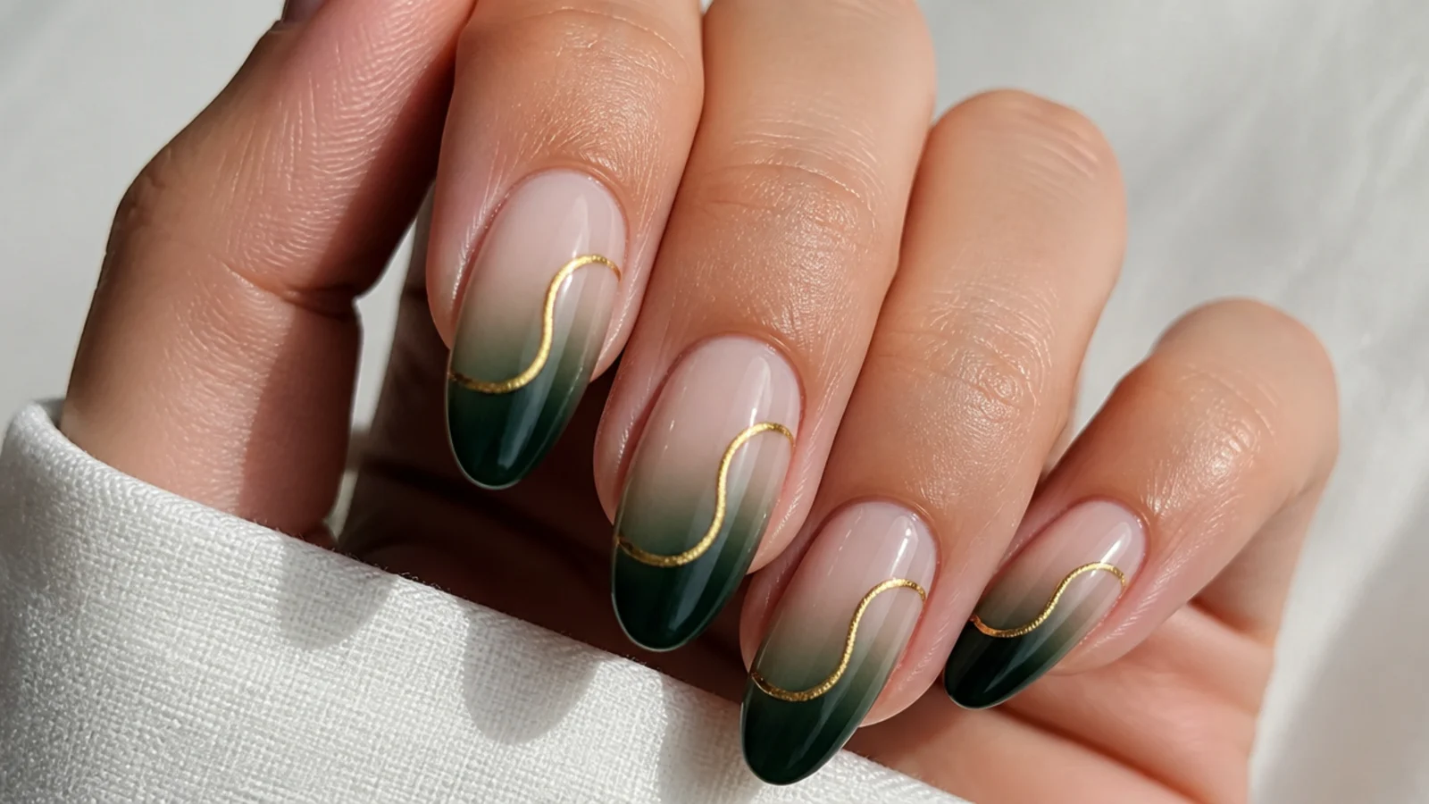 Nude to forest green ombre nails with a gold micro-line