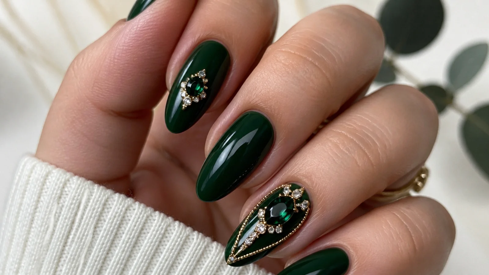 Deep emerald nails with gold-set rhinestone gem accents