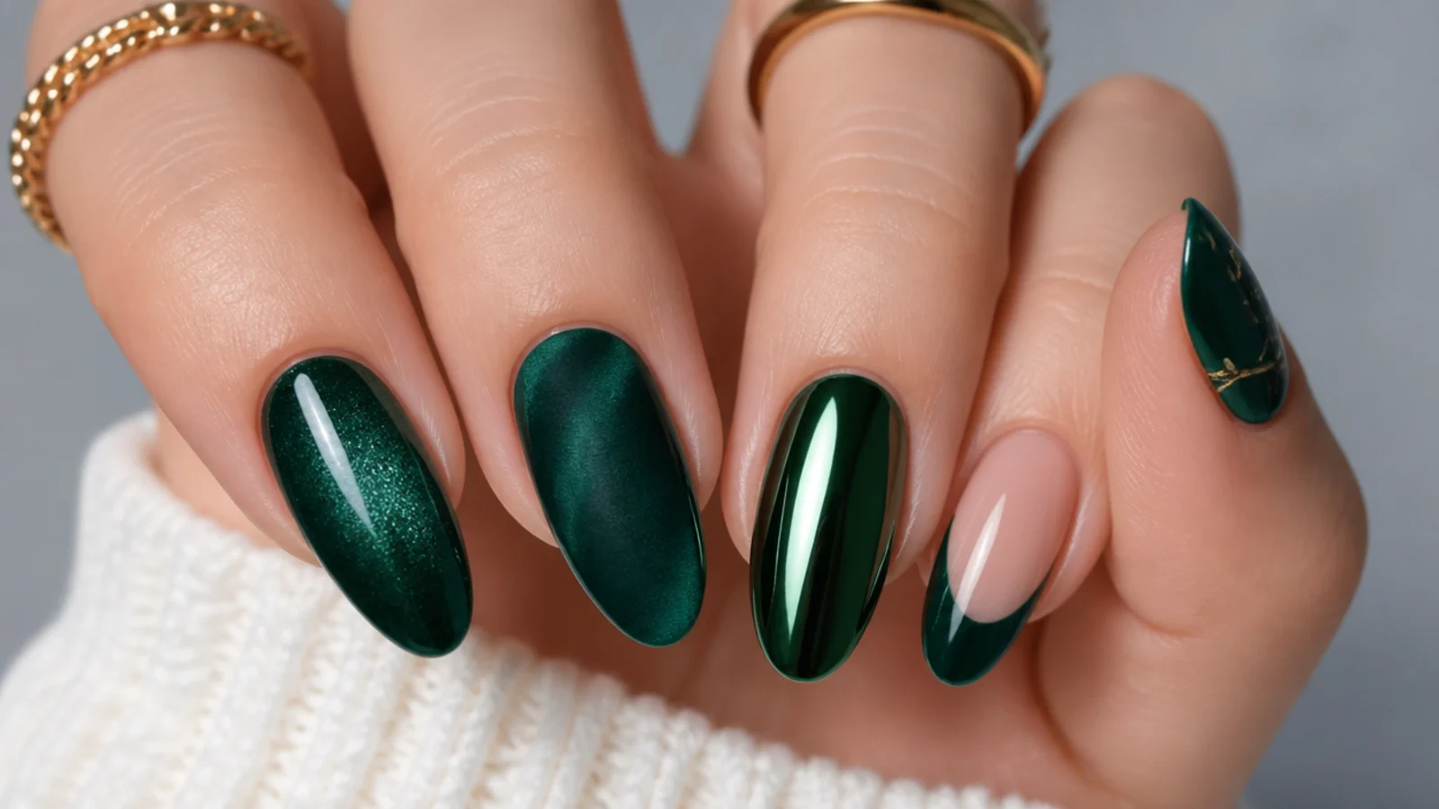 Dark green nails in glossy, velvet, chrome and french finishes across shapes