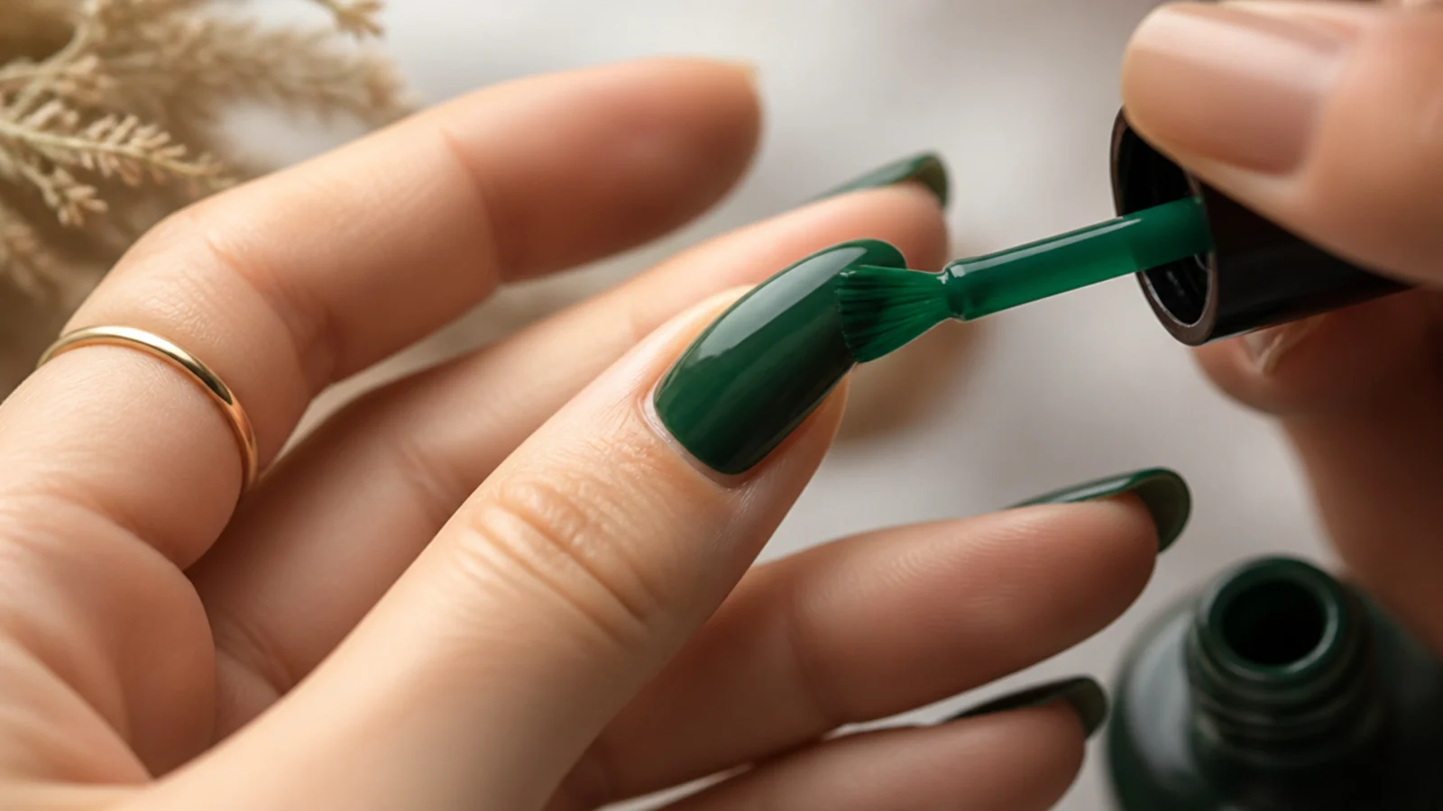 Layering dark green gel over a base to build an emerald or forest shade