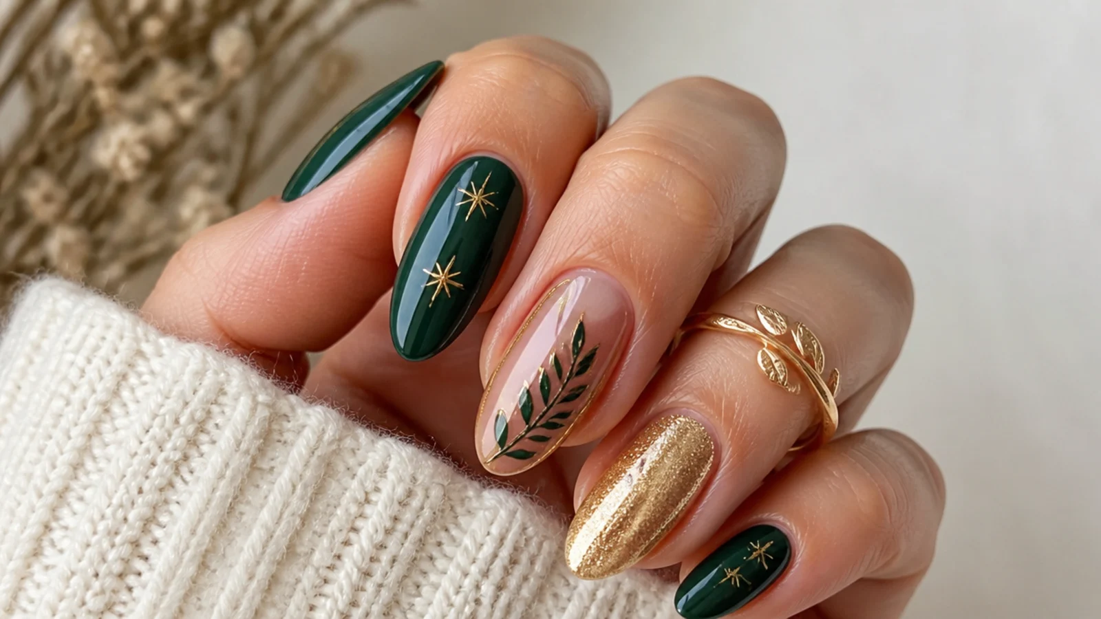 A sealed dark green and gold gel manicure with cuticle oil for longevity
