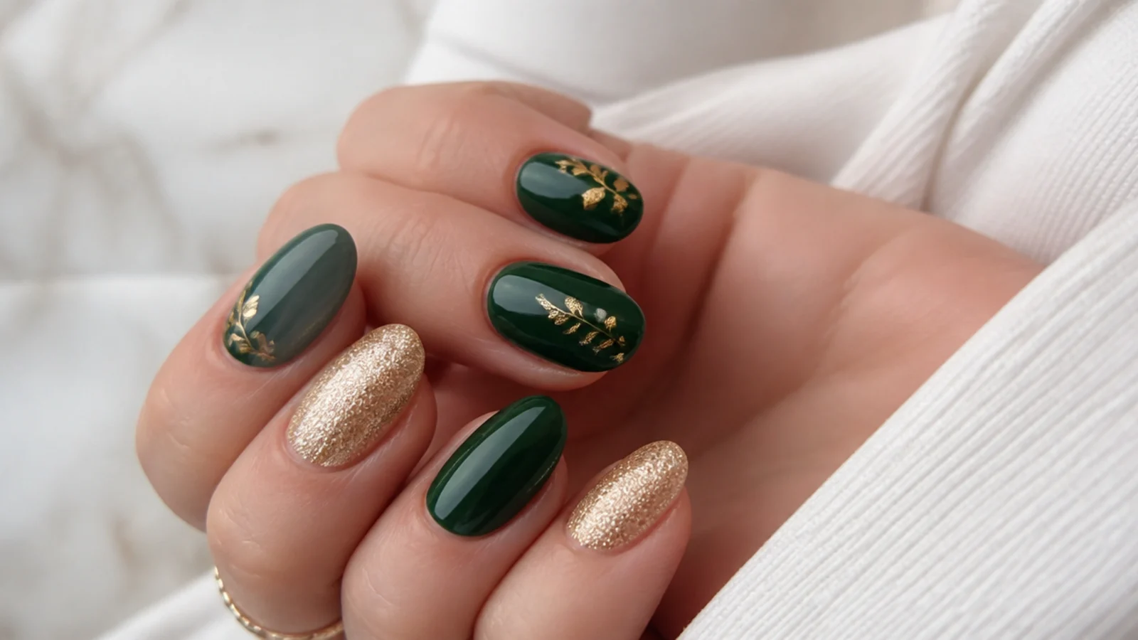 Dark green and gold nails styled for holiday and evening occasions