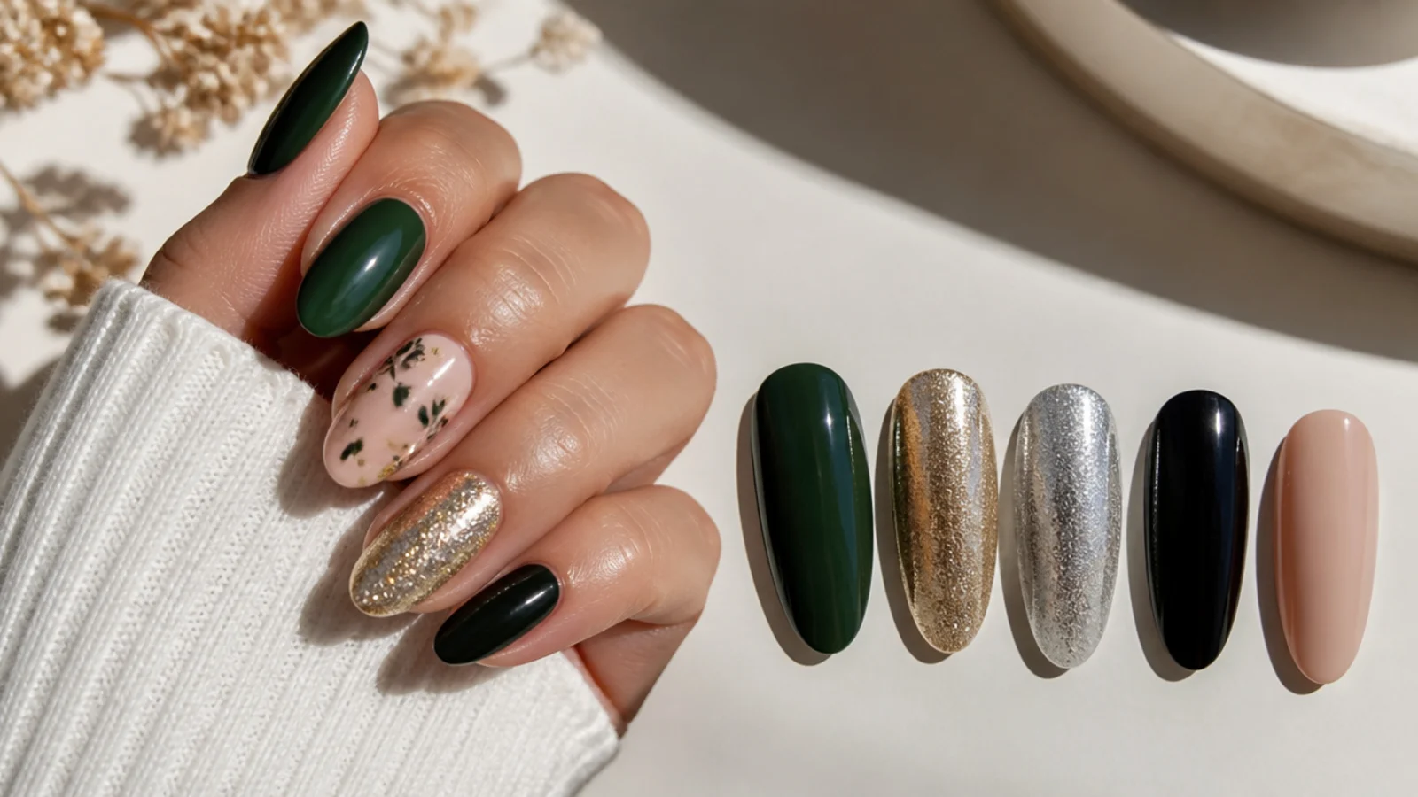 Dark green nails shown with gold, silver, black and nude accent swatches