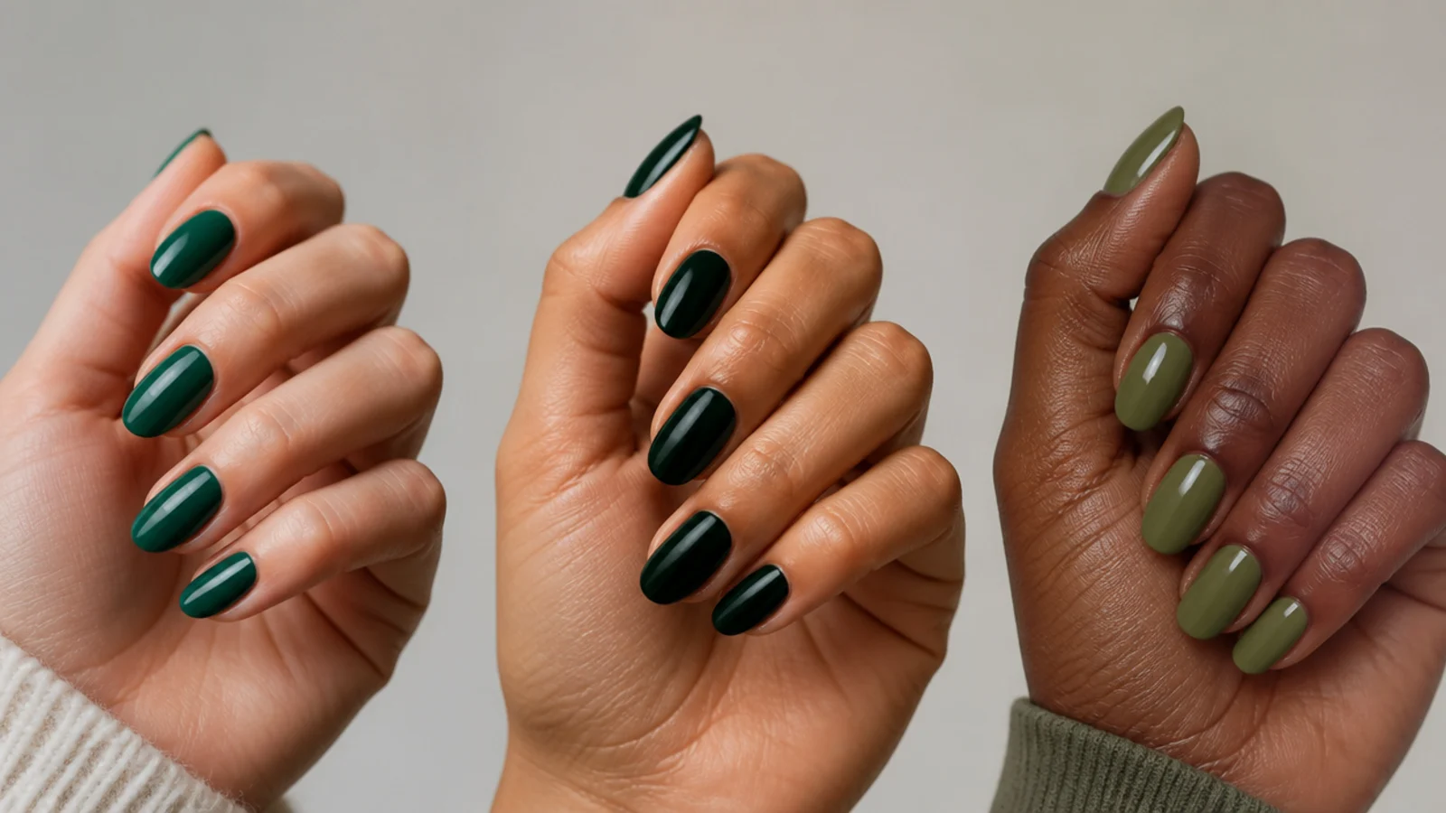 Swatches of emerald, forest and olive green nails against different skin tones