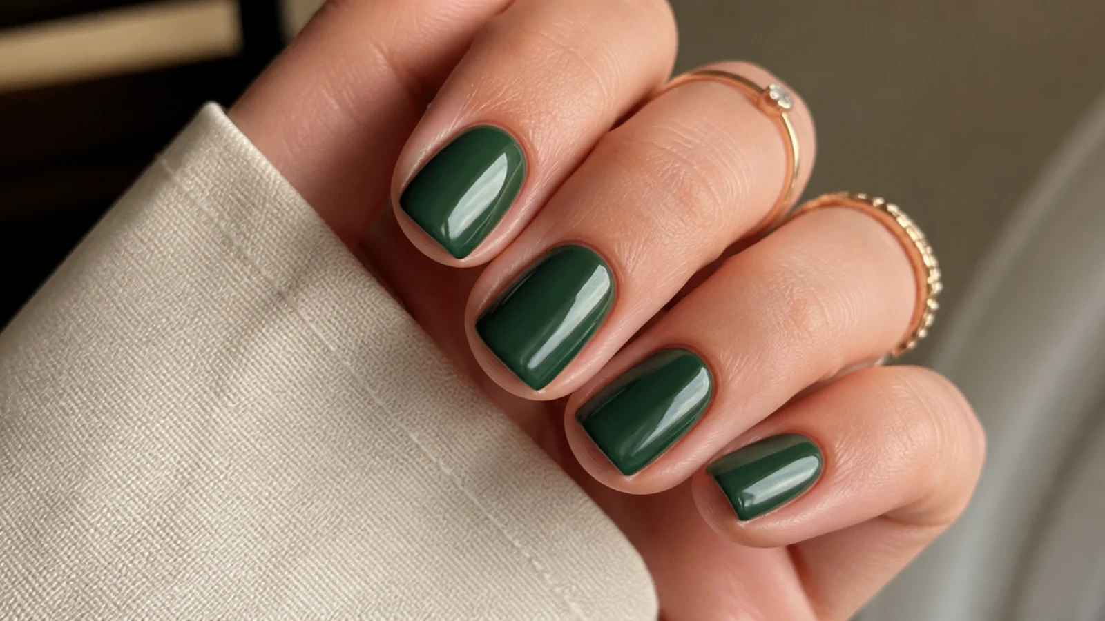 Solid glossy forest green nails on a short squoval shape