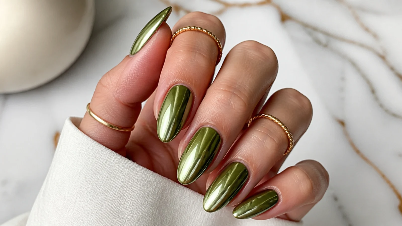 Warm olive green chrome nails with a mirror metallic finish