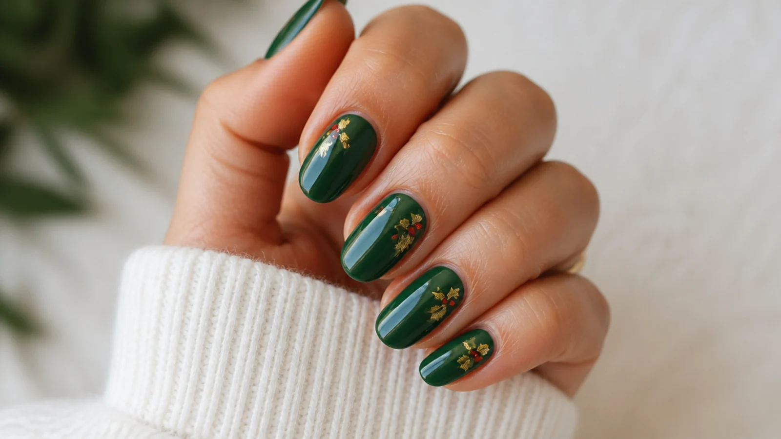 Dark green nails with tiny gold holly leaves and red berry dots