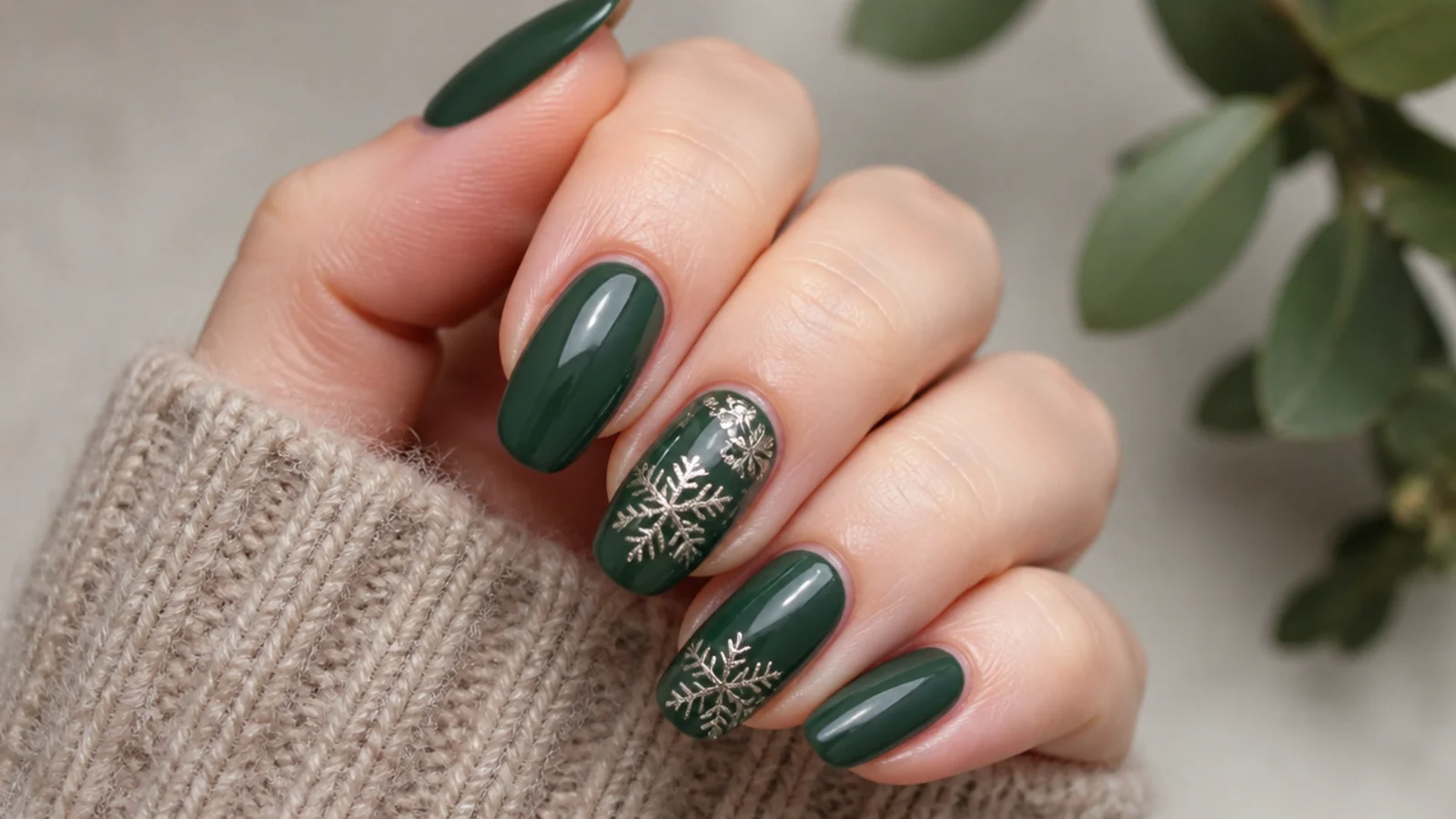 Emerald green nails with delicate silver snowflakes on accent fingers