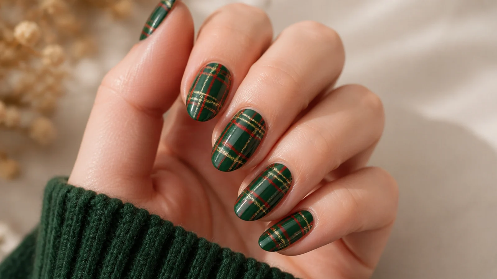 Forest green nails with red and gold tartan plaid crosshatch