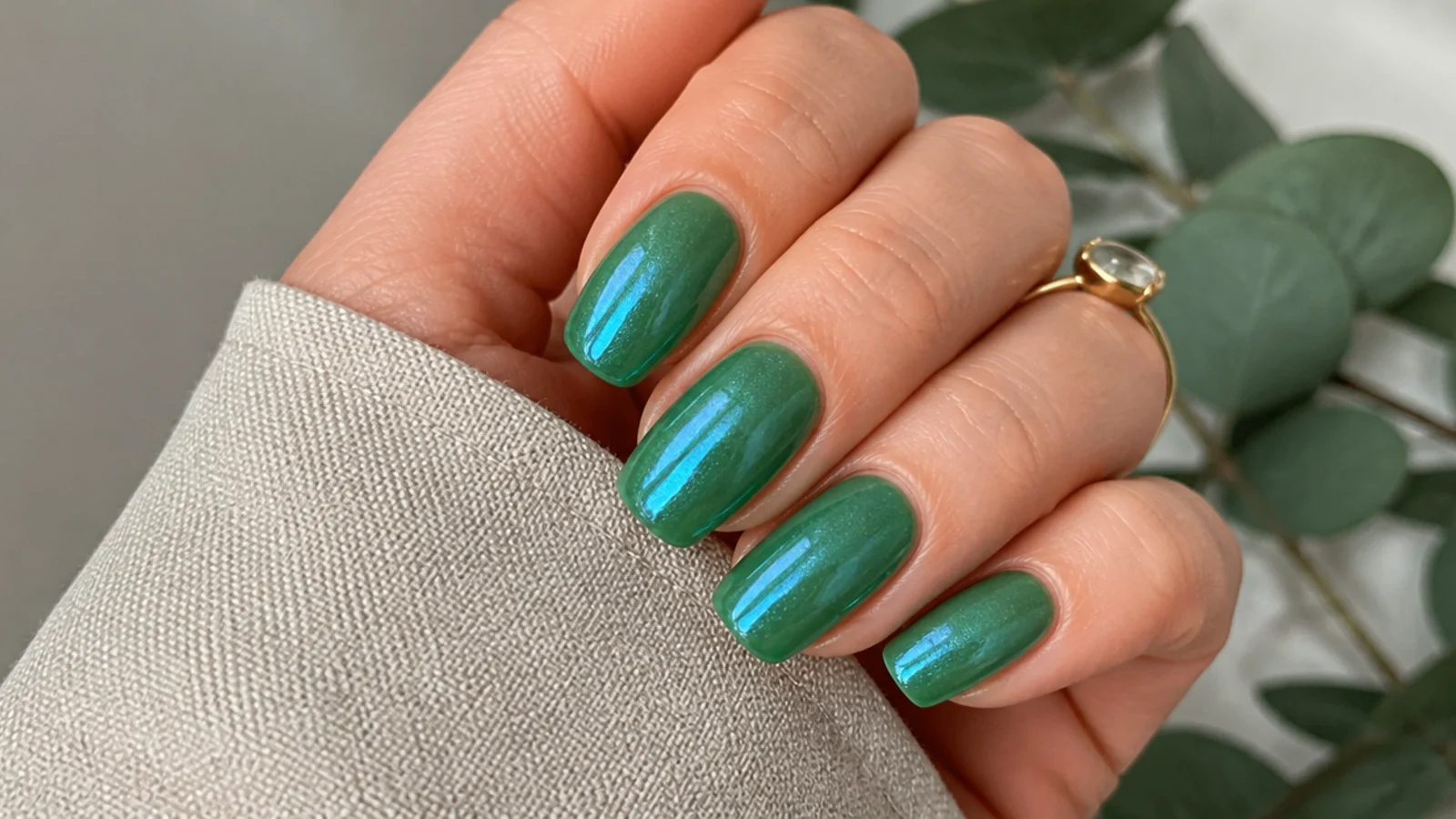 Sheer emerald green nails with a pearly glazed shimmer finish