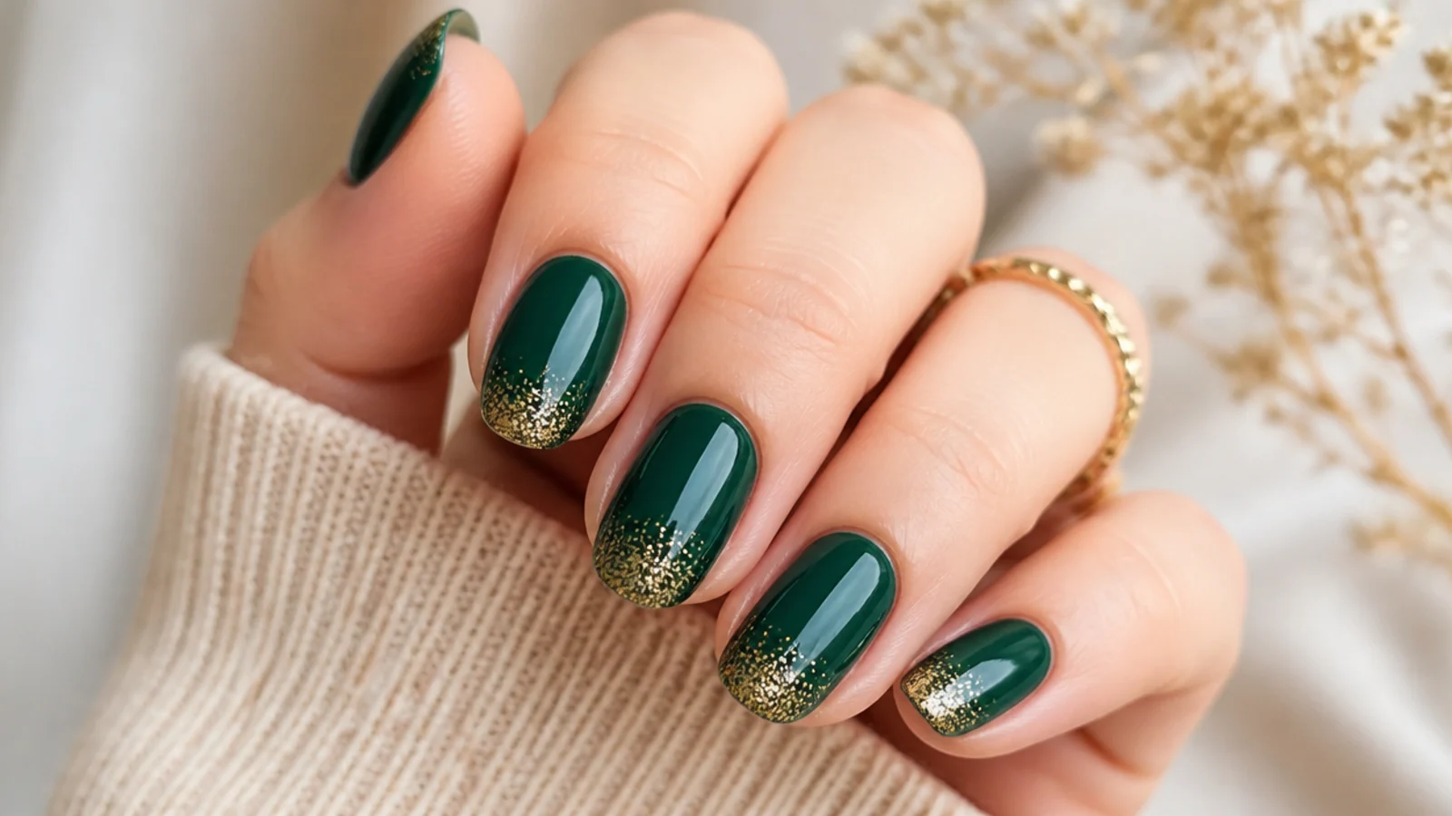 Dark green nails with gold glitter gradient tips