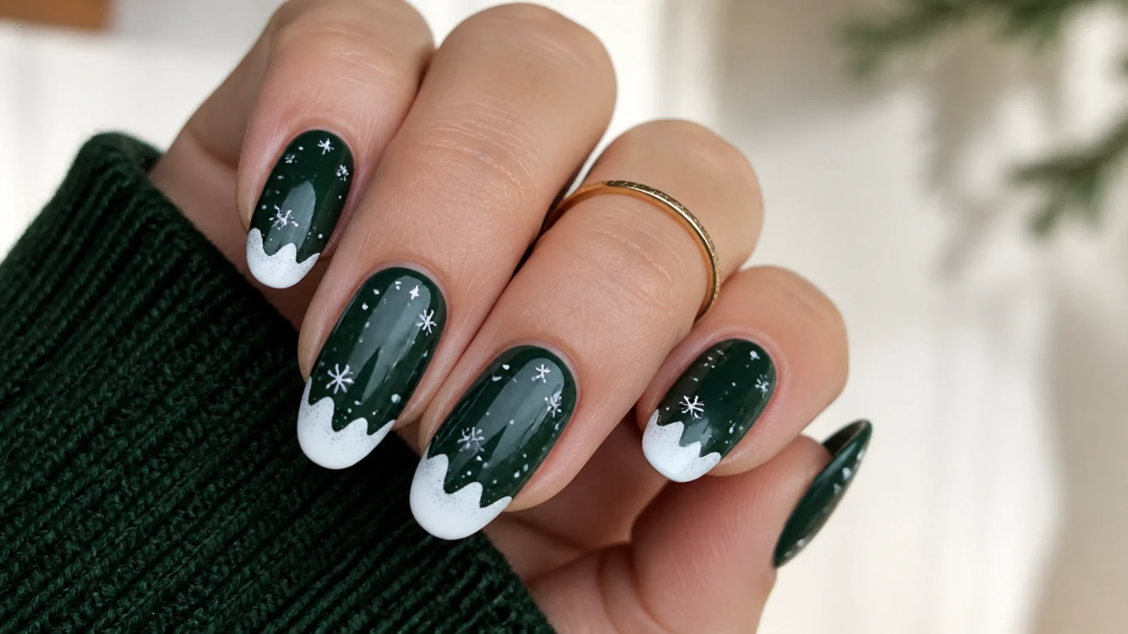 Dark green nails with white snowy french tips and tiny dots