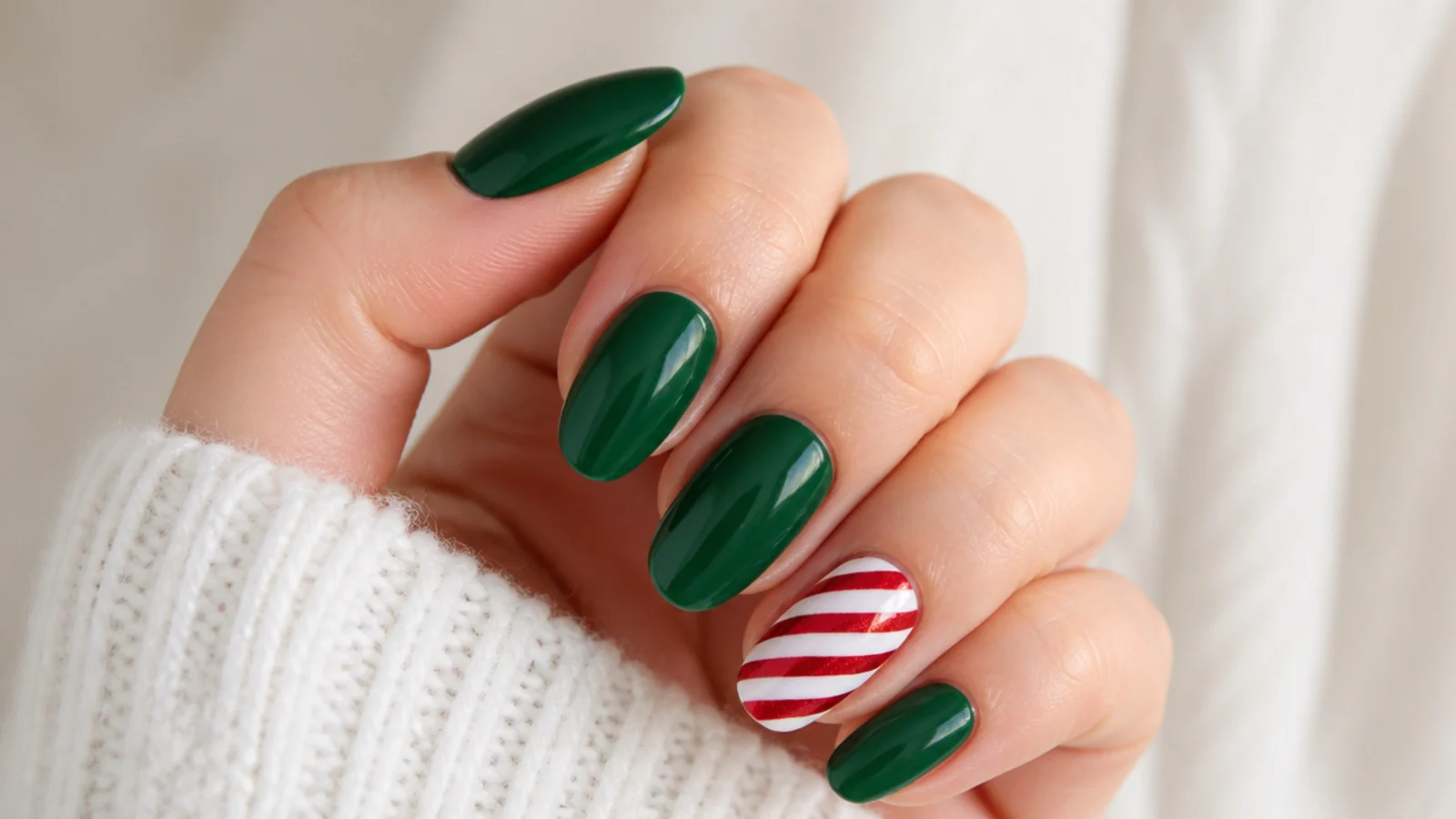 Emerald green nails with a red and white candy cane stripe accent